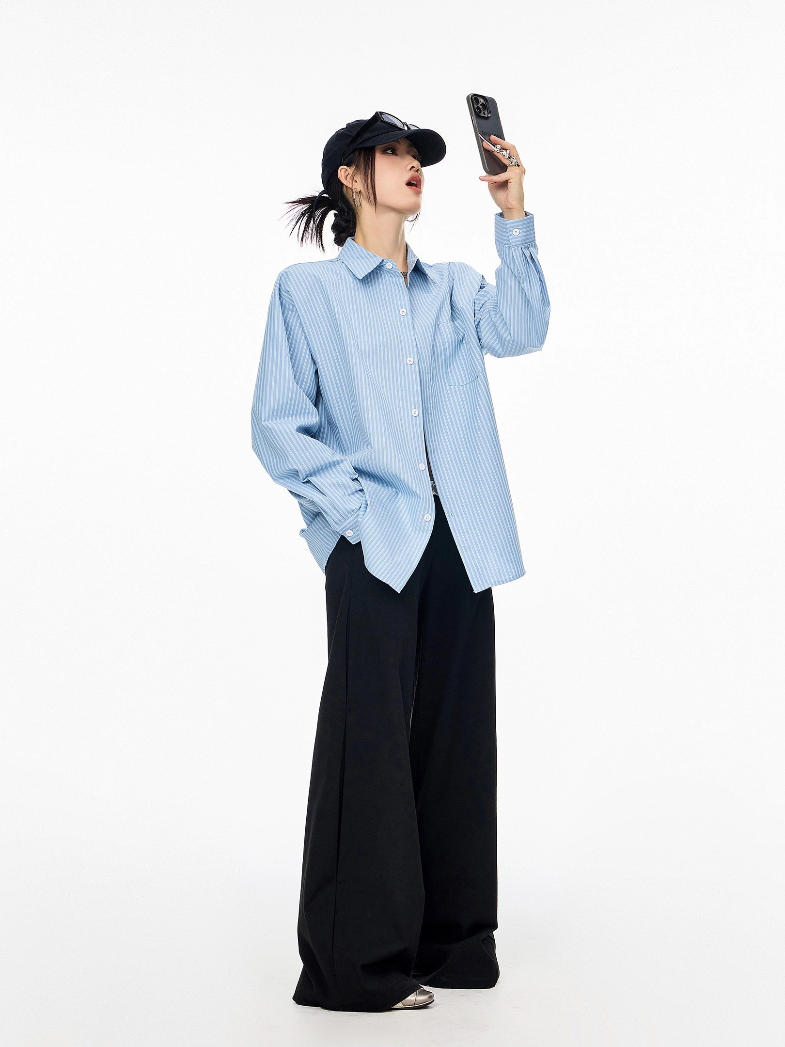 ICH MODE 美式复古条纹长袖衬衫女夏季新款宽松休闲翻领衬衣外套