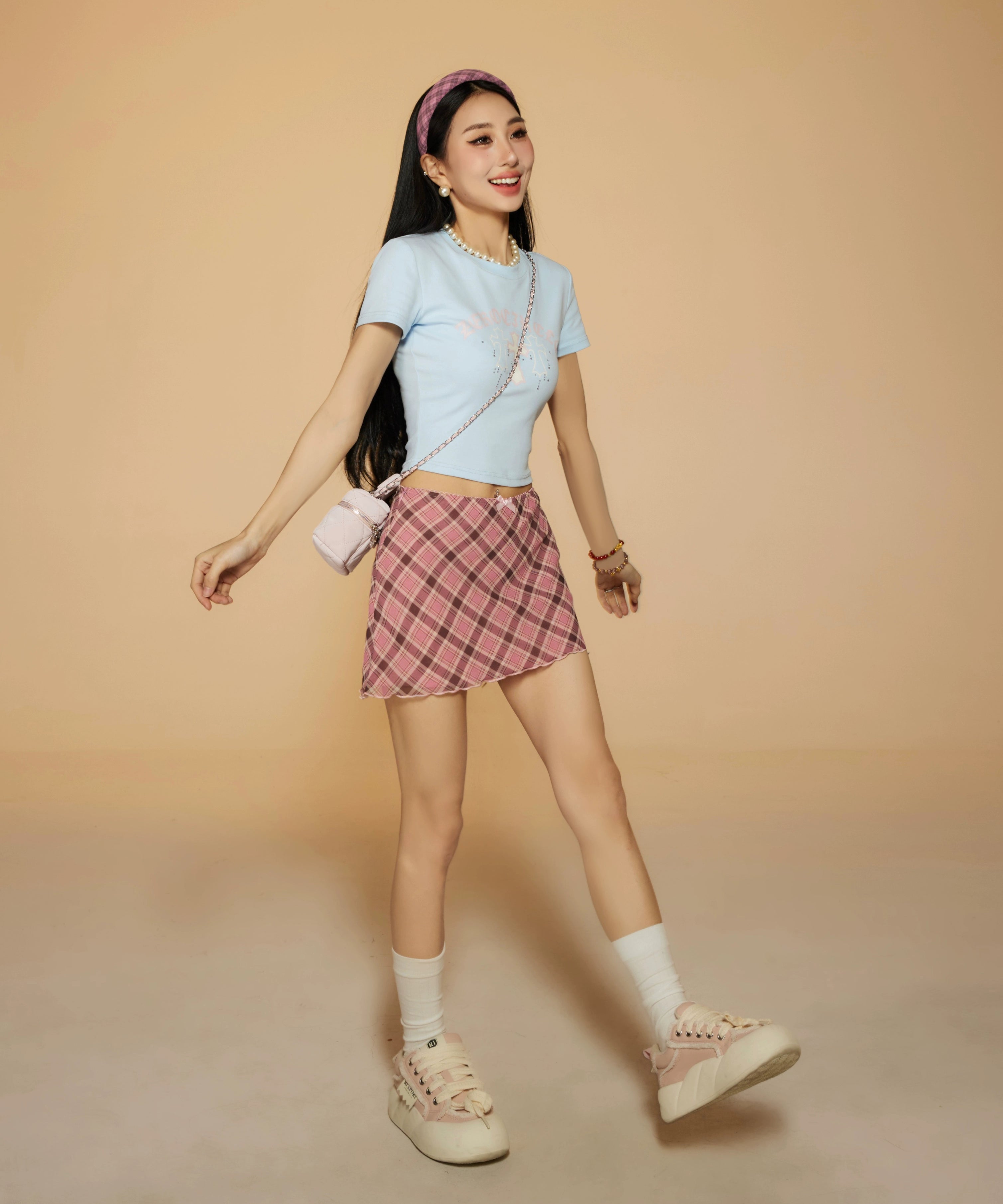 野生zero 粉色雪纺格子半身裙女春夏设计感高腰辣妹显瘦a字短裙子