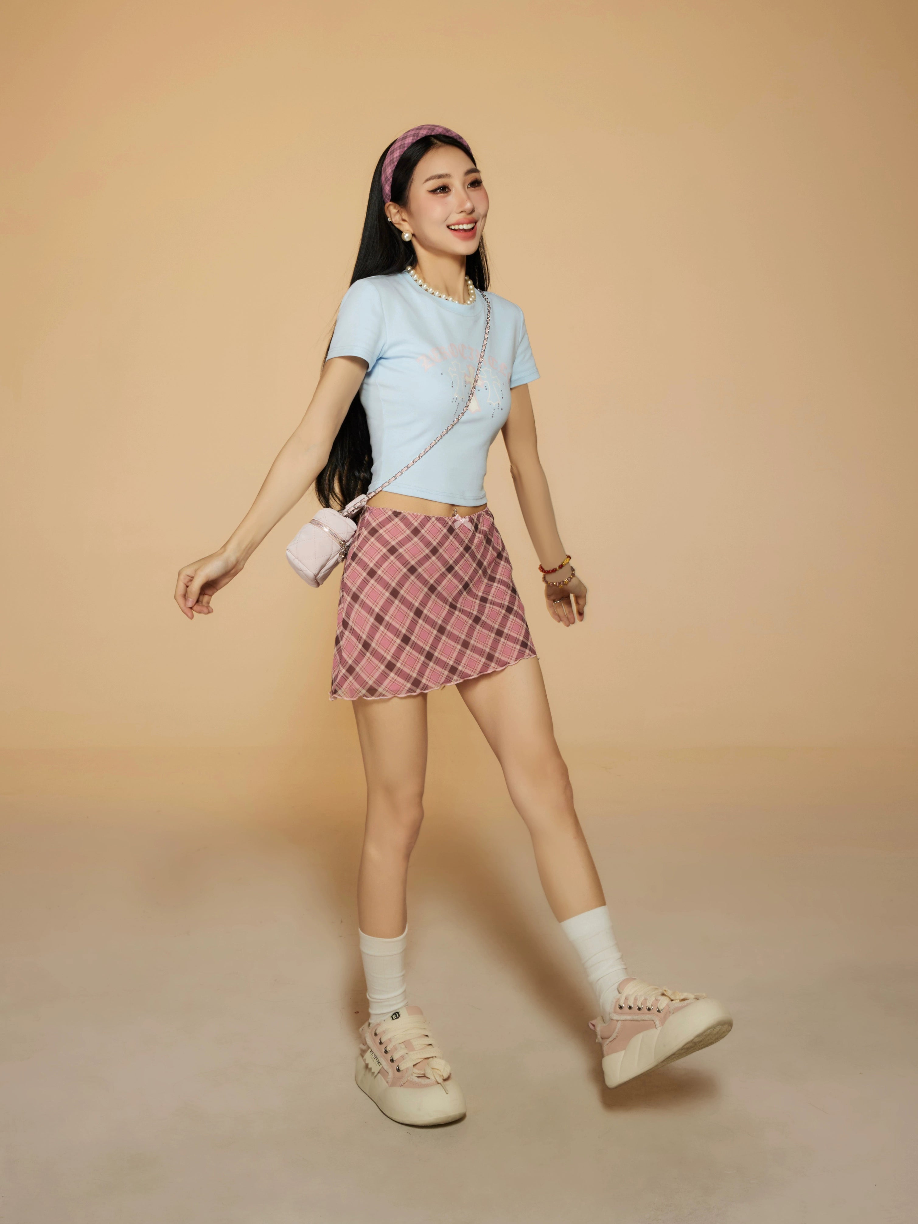 野生zero 粉色雪纺格子半身裙女春夏设计感高腰辣妹显瘦a字短裙子