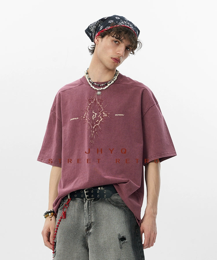 【荆棘系列】JHYQ275g复古水洗做旧圆领短袖t恤男美式宽松潮上衣