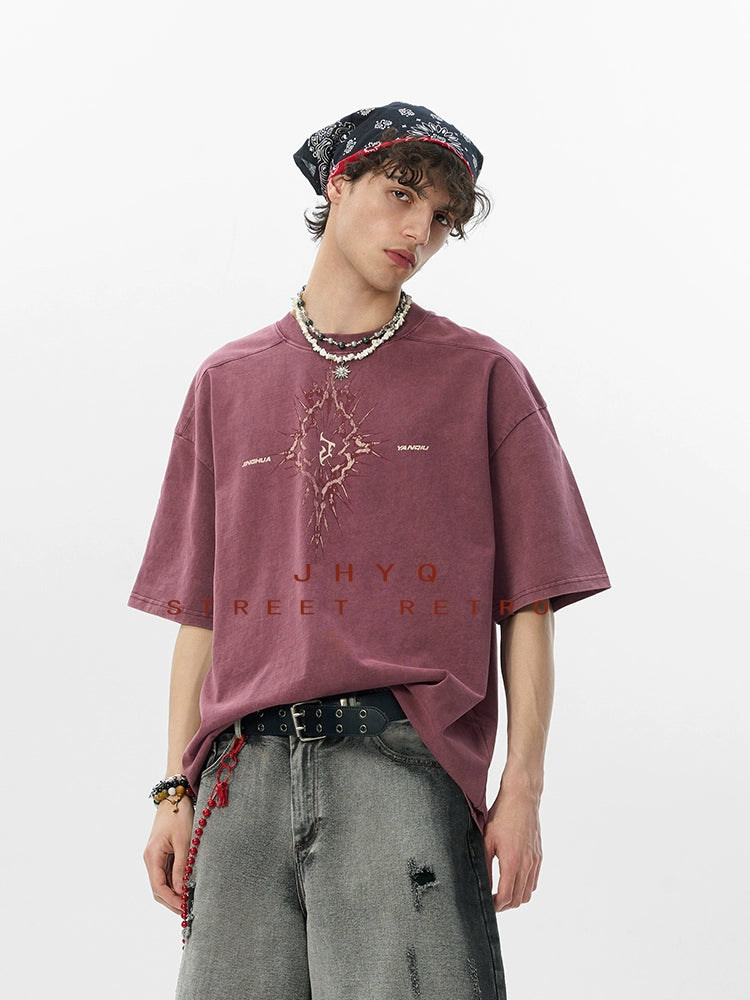【荆棘系列】JHYQ275g复古水洗做旧圆领短袖t恤男美式宽松潮上衣