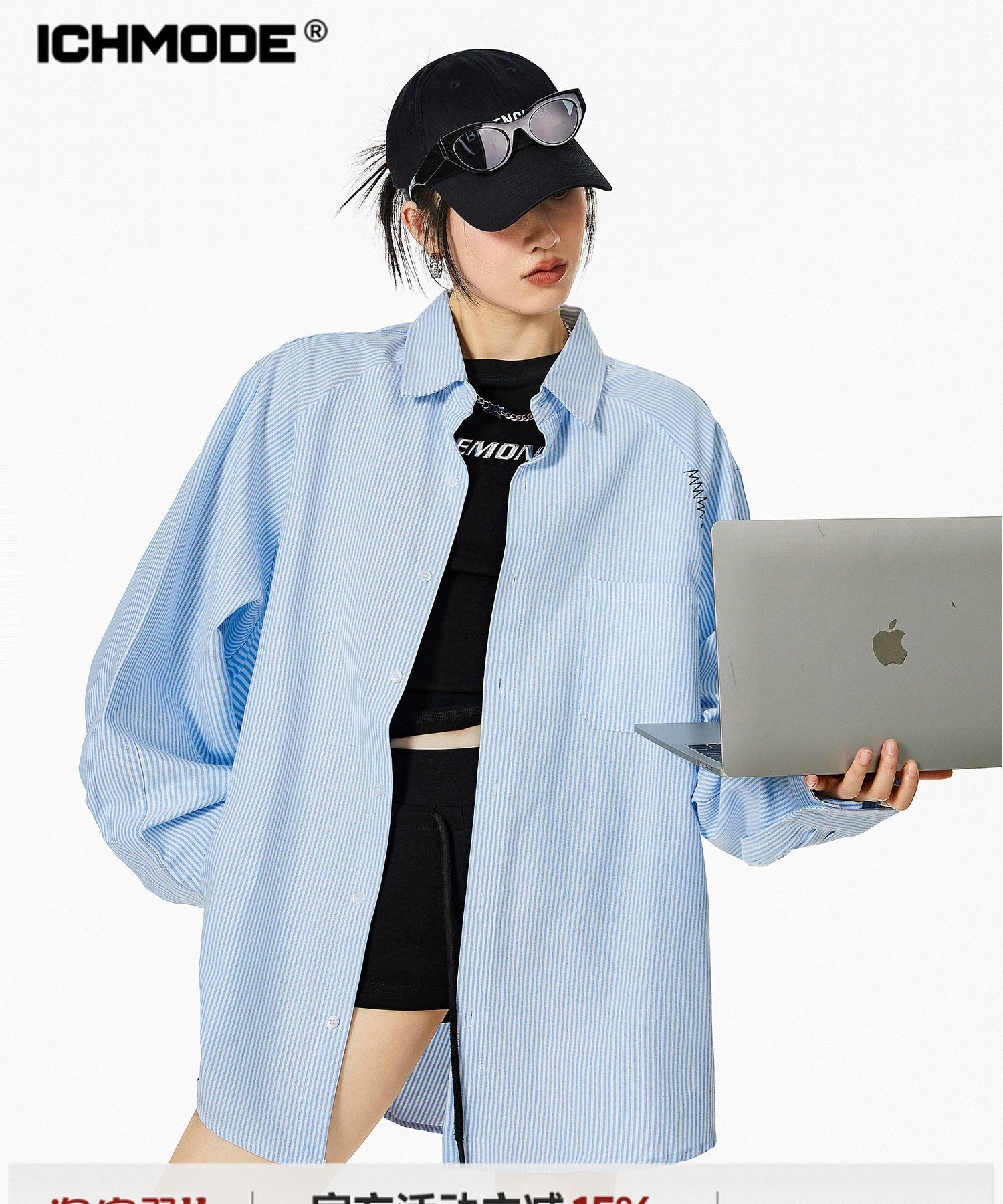 ICH MODE 美式复古条纹蓝色衬衫女秋2025新款宽松衬衣外套上衣