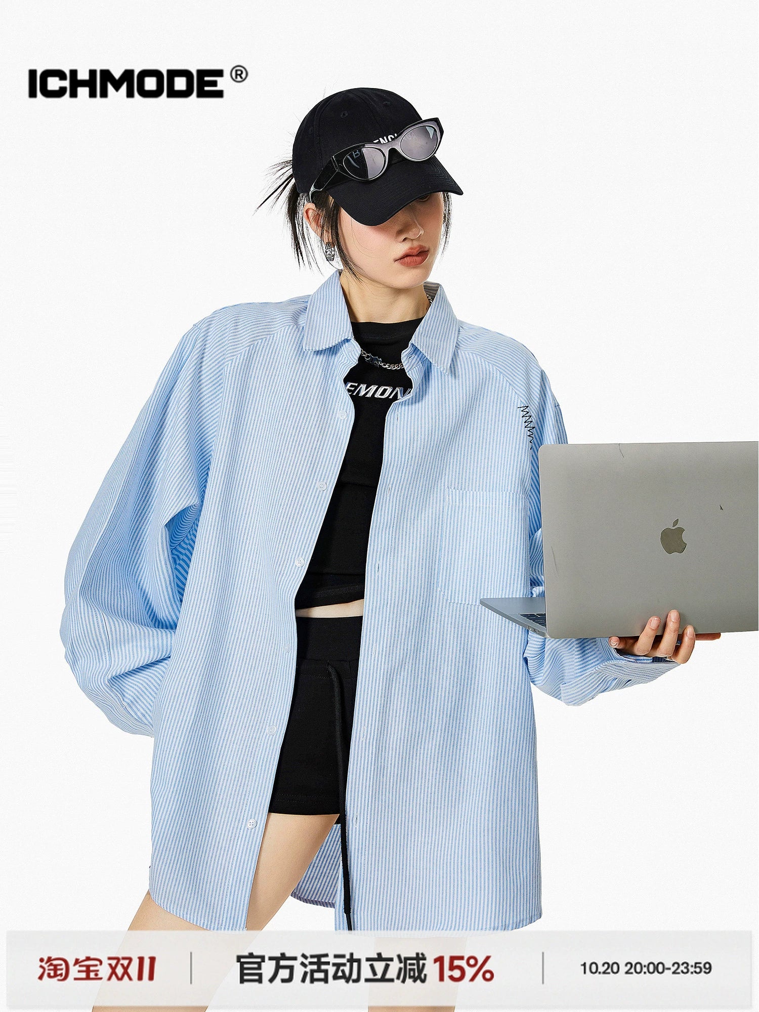 ICH MODE 美式复古条纹蓝色衬衫女秋2025新款宽松衬衣外套上衣