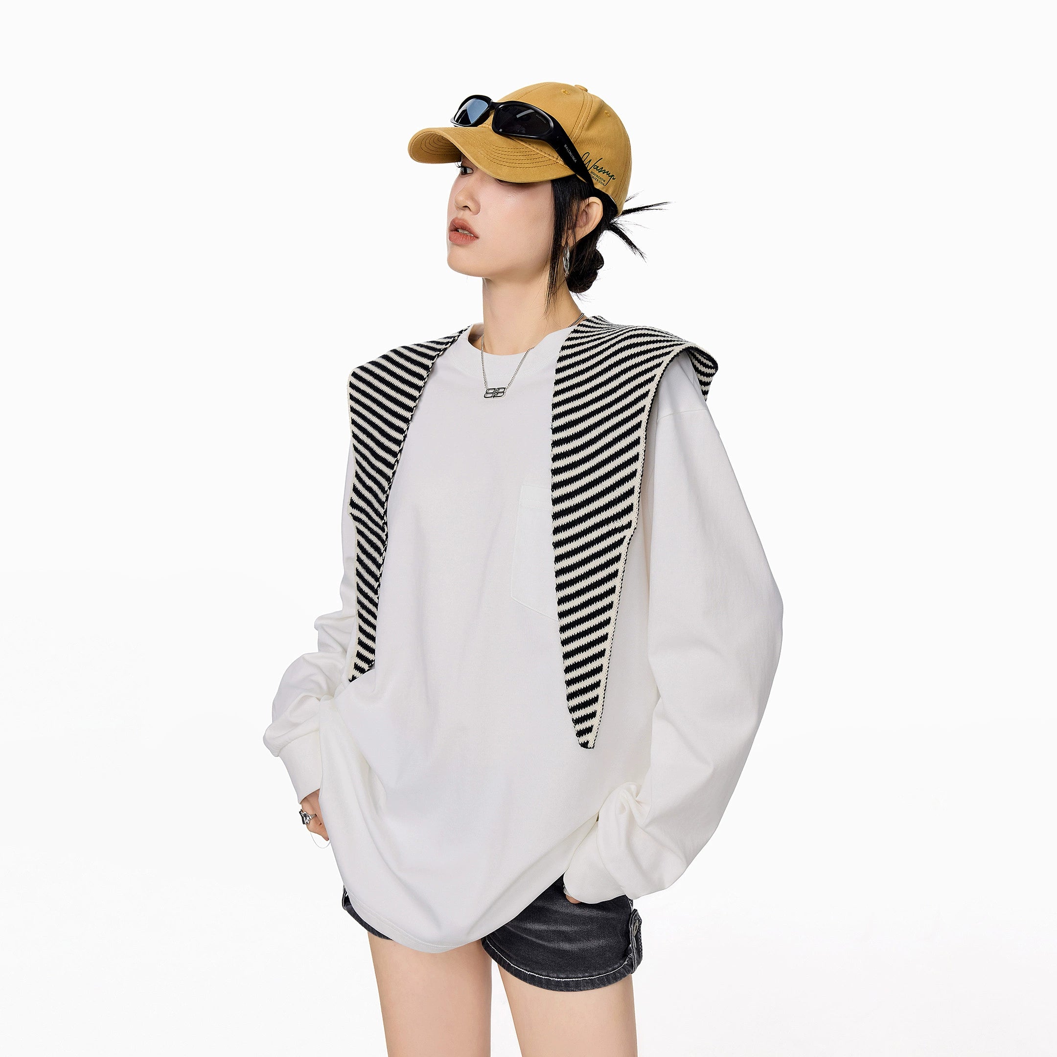 ICH MODE 美式圆领正肩长袖T恤女2025秋冬新款宽松纯色上衣打底衫