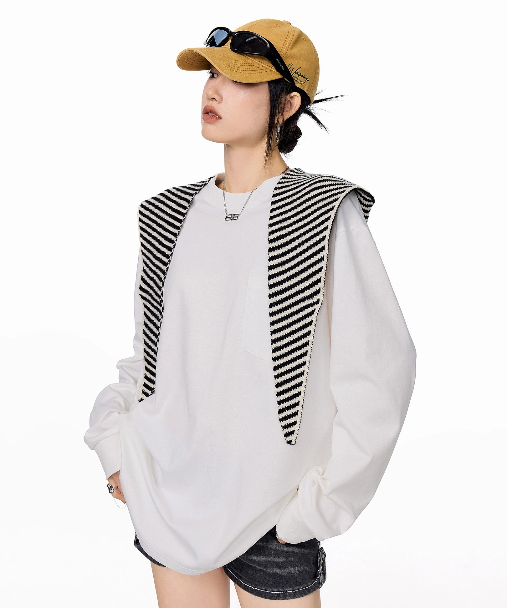 ICH MODE 美式圆领正肩长袖T恤女2025秋冬新款宽松纯色上衣打底衫