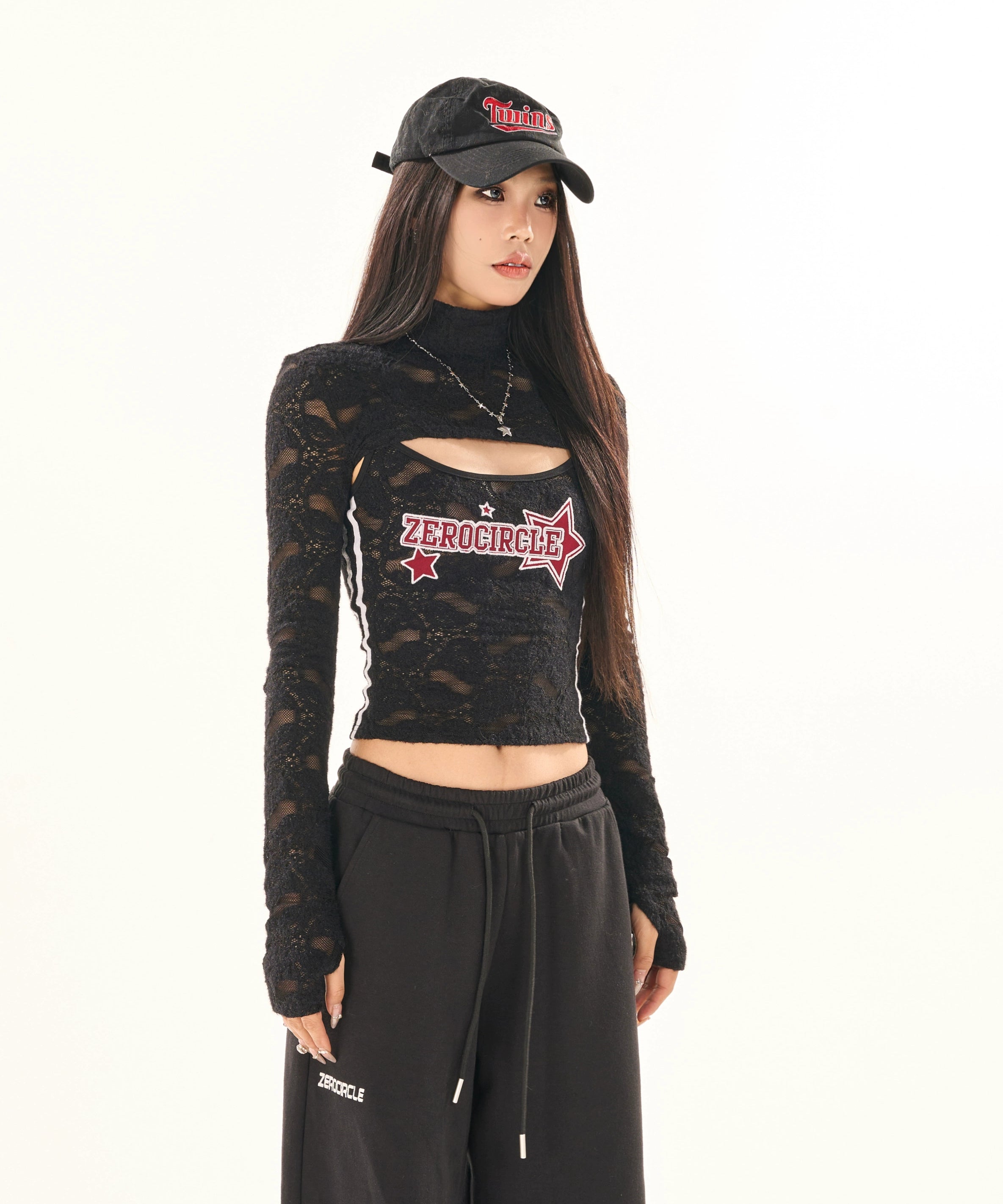 野生zerocircle黑色吊带两件套女春季辣妹修身显瘦半高领蕾丝上衣