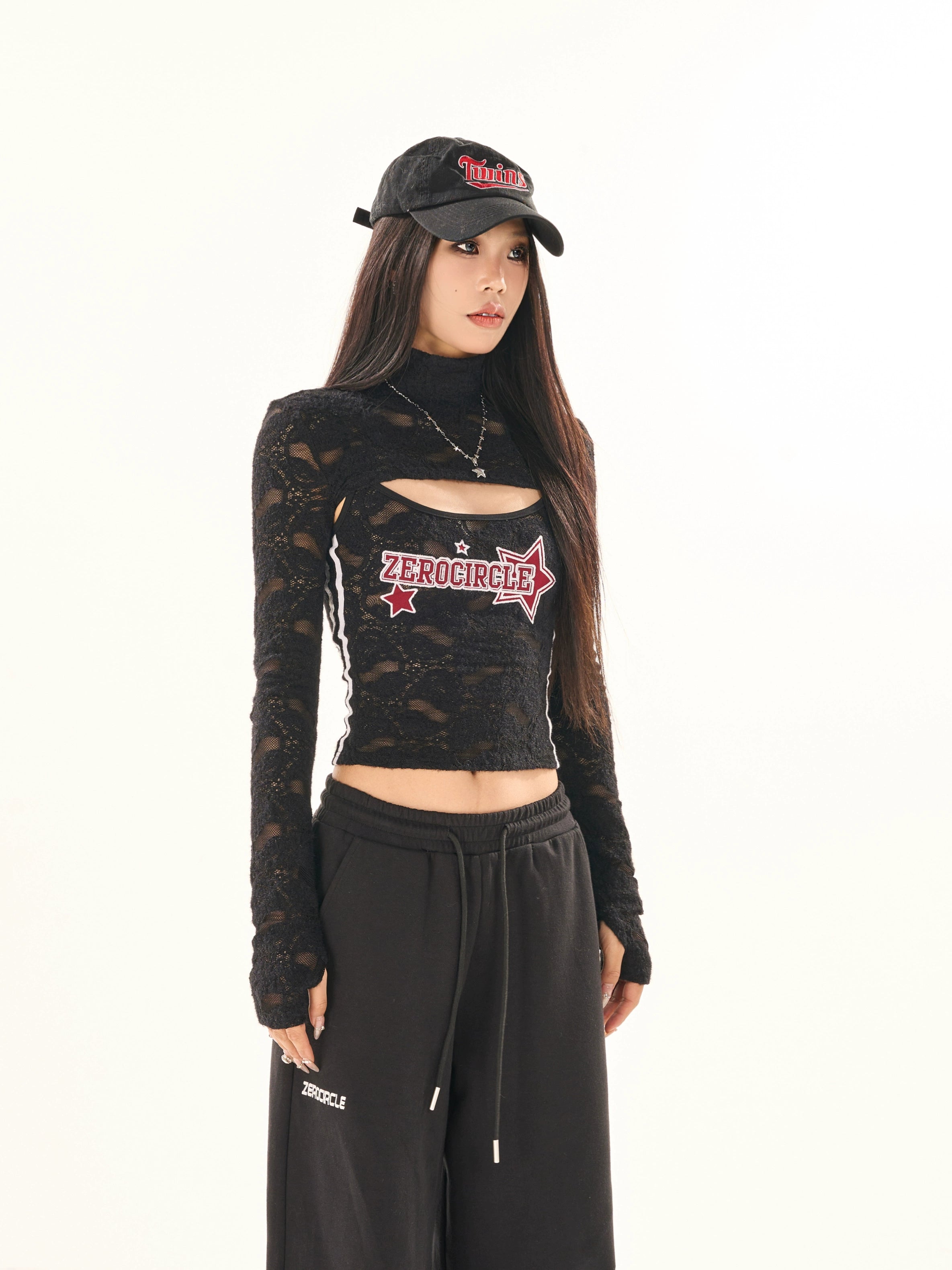 野生zerocircle黑色吊带两件套女春季辣妹修身显瘦半高领蕾丝上衣