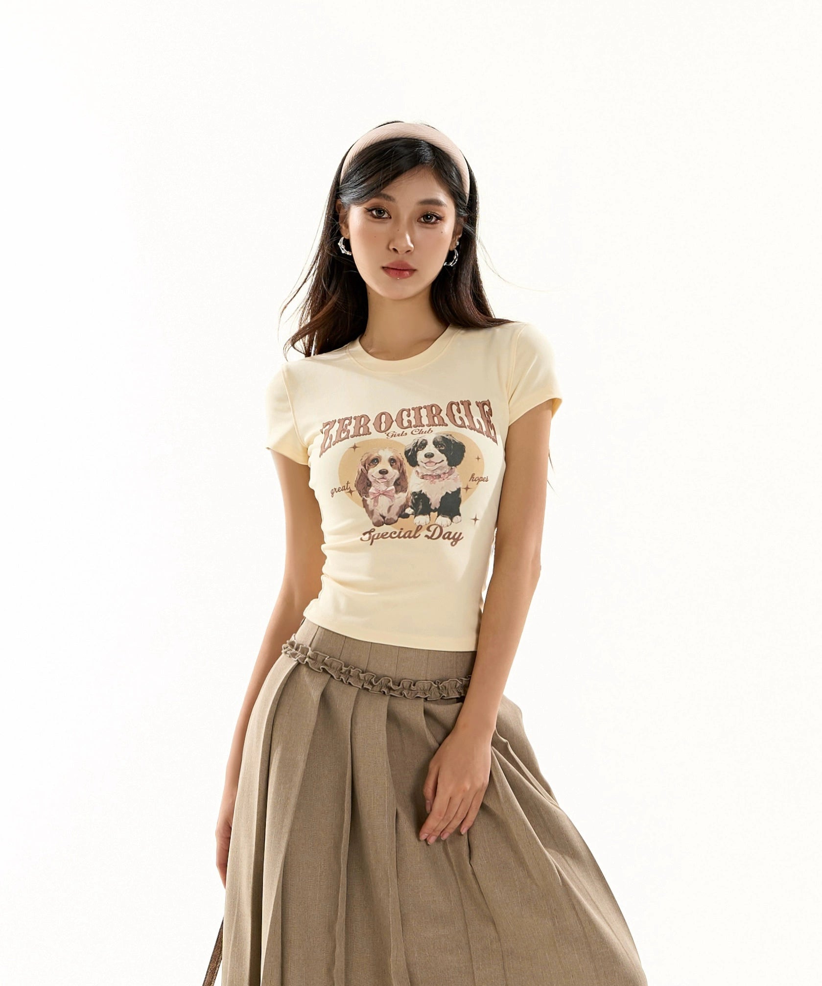 野生zero 粉色正肩短袖t恤女夏设计感甜辣妹修身收腰显瘦印花上衣