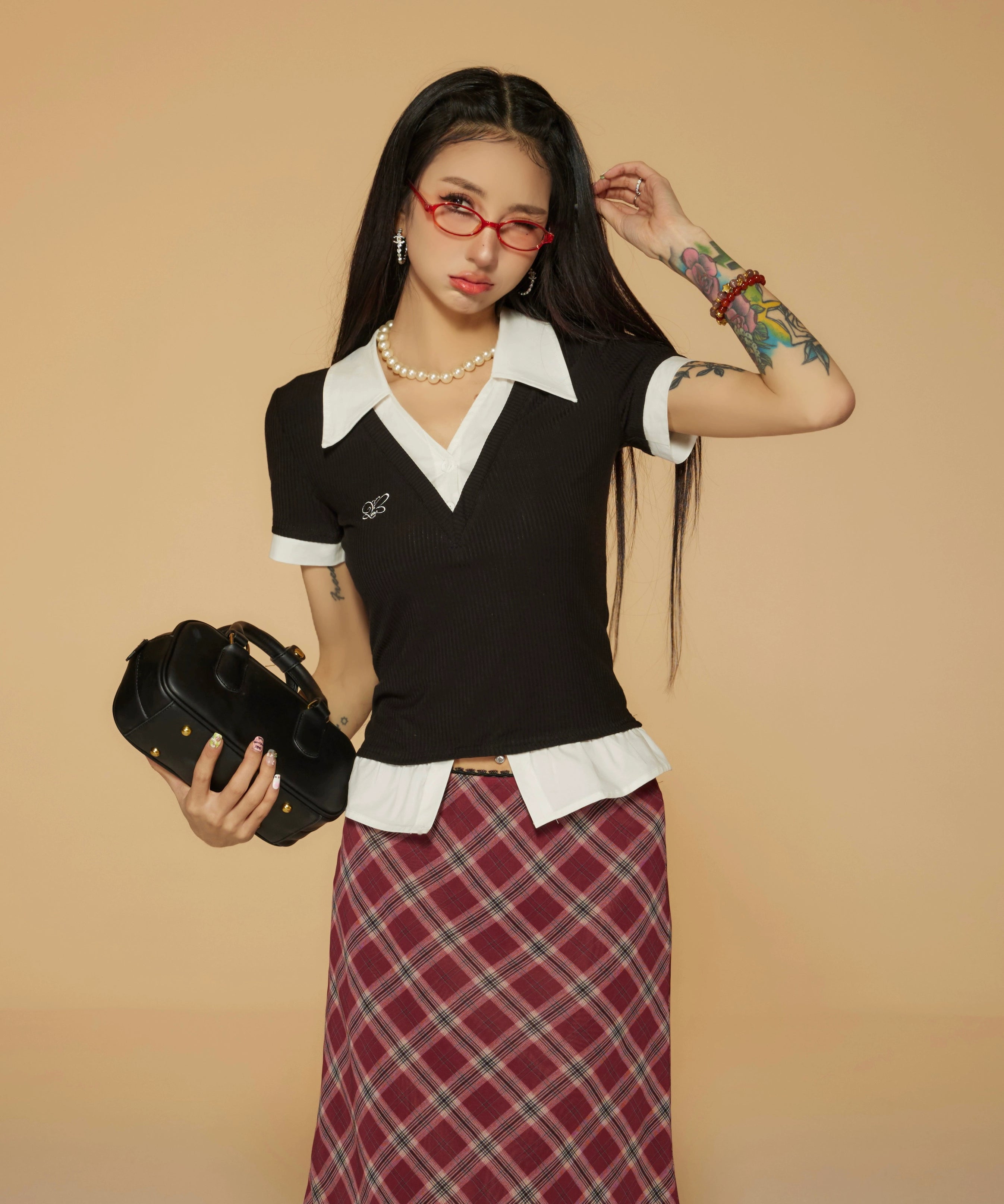 野生zerocircle黑灰色正肩短袖t恤女春辣妹修身v领针织假两件上衣