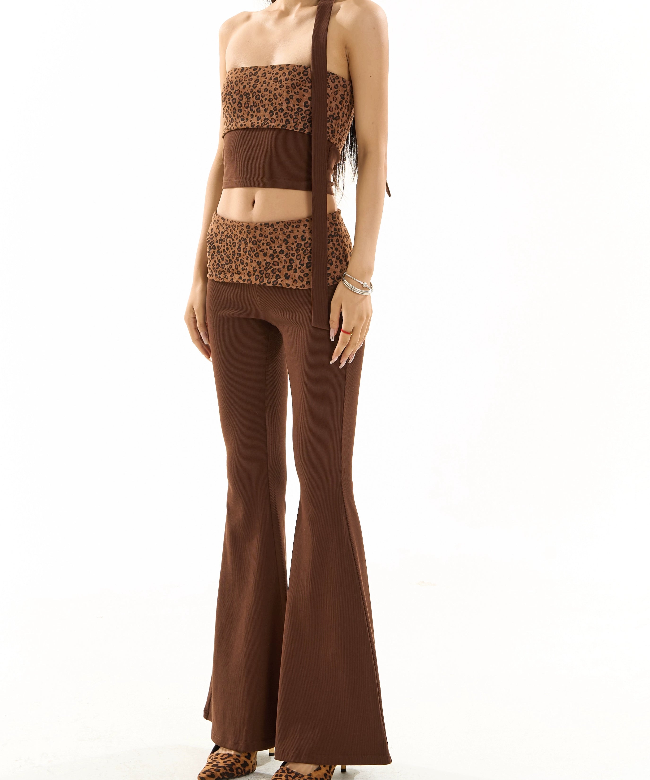 野生zero性感辣妹抹胸上衣外穿显瘦套装女夏豹纹显瘦休闲喇叭裤子