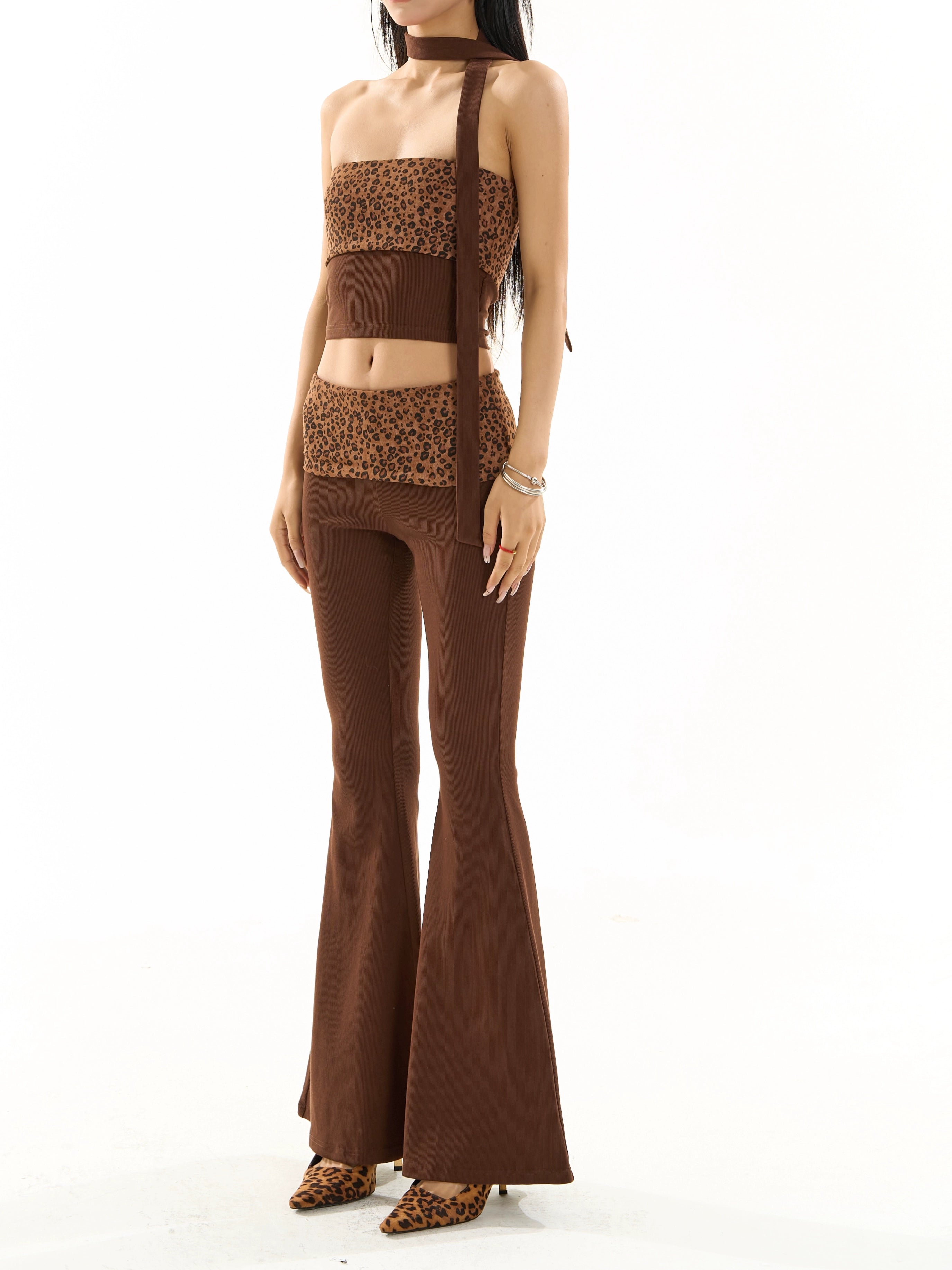 野生zero性感辣妹抹胸上衣外穿显瘦套装女夏豹纹显瘦休闲喇叭裤子