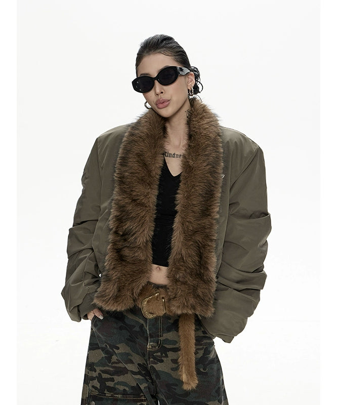 野生zero带毛领宽松加厚棉服女秋冬新款美式复古宽松开衫棉衣外套