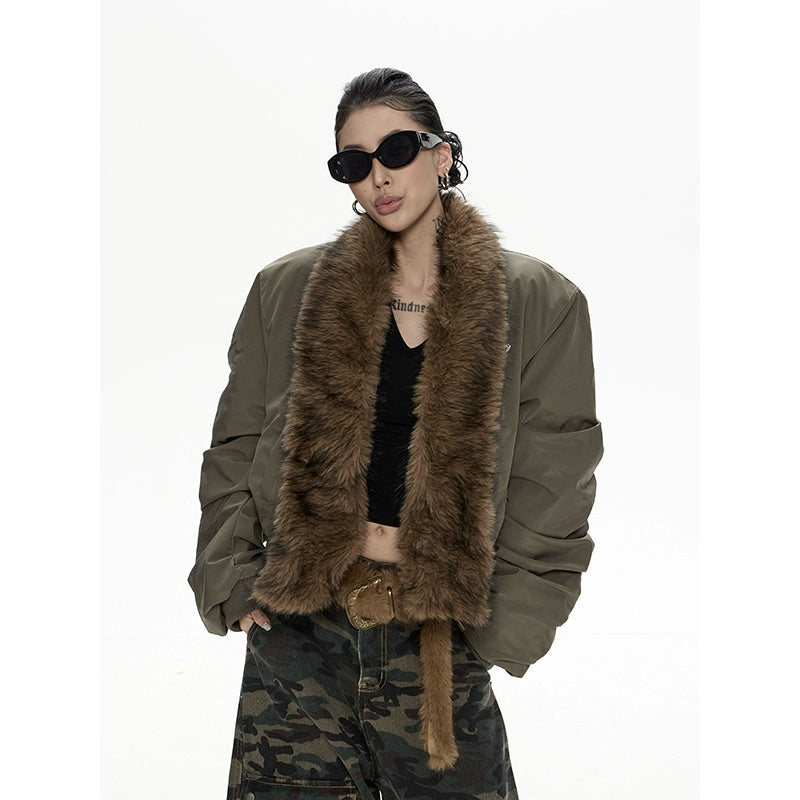 野生zero带毛领宽松加厚棉服女秋冬新款美式复古宽松开衫棉衣外套