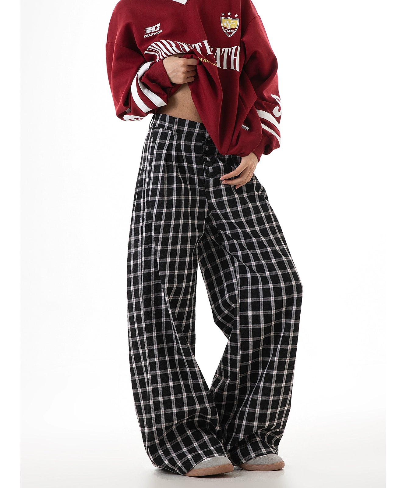 ICH MODE 美式复古格子裤女2025新款秋宽松阔腿裤直筒休闲裤子