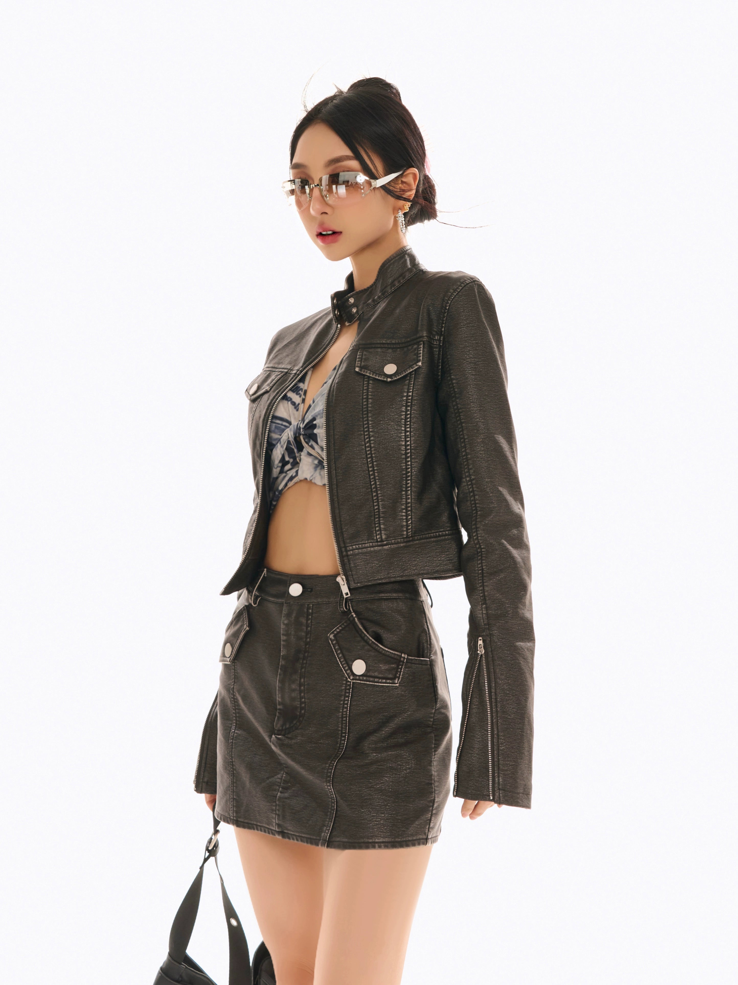 野生zerocircle 黑色立领正肩短款皮衣外套装女春a字显瘦半身裙子