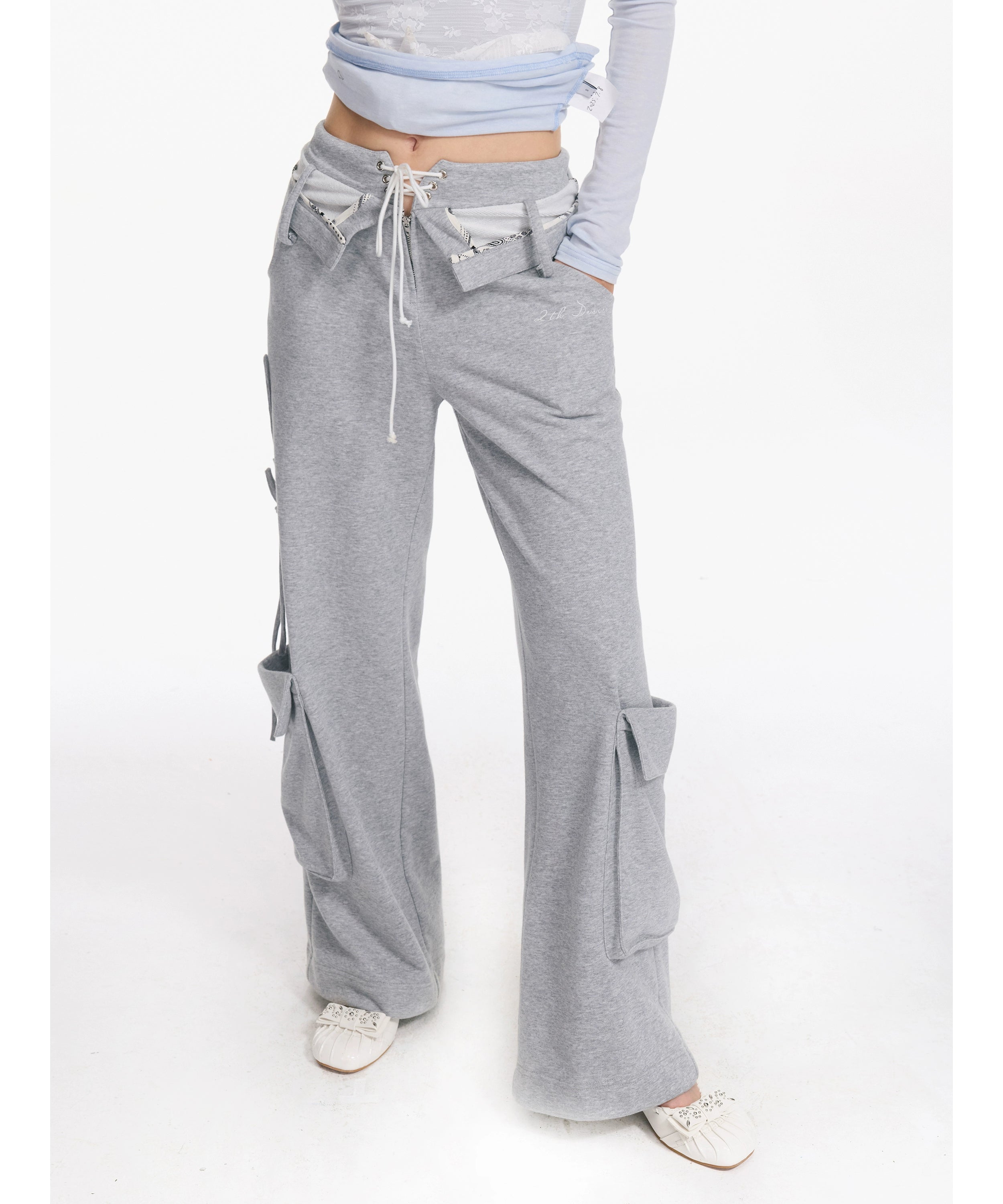 2th Desire原创做旧水洗立体口袋翻折腰头绑带设计感直筒工装长裤