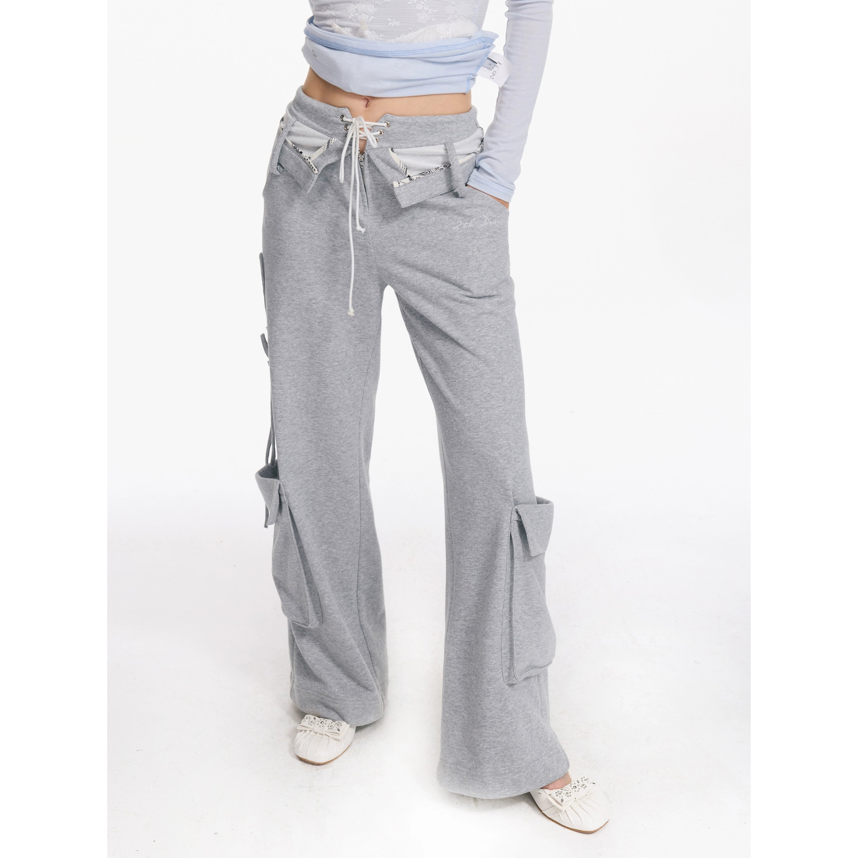 2th Desire原创做旧水洗立体口袋翻折腰头绑带设计感直筒工装长裤