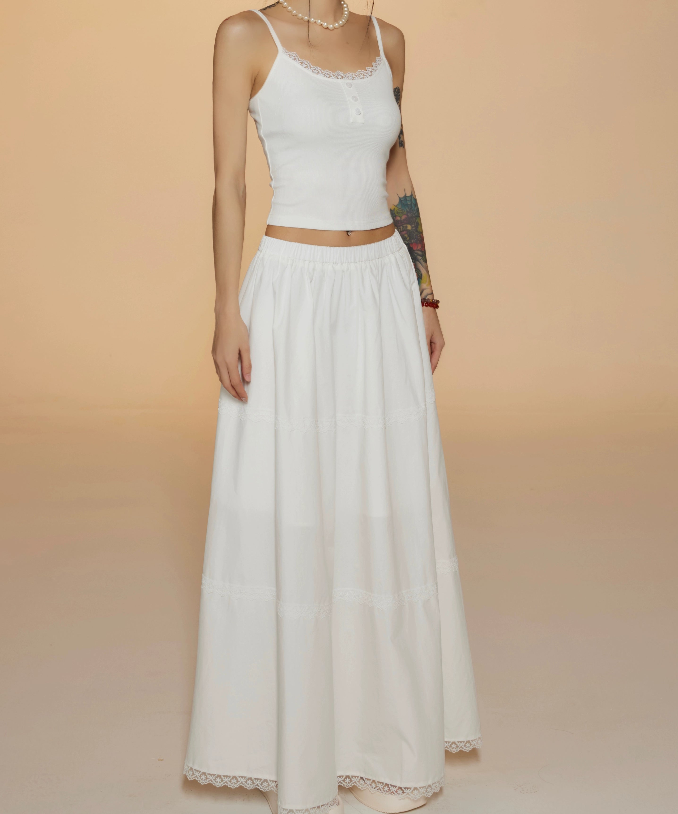 野生zerocircle 辣妹套装裙女春季白色蕾丝吊带背心显瘦a字长裙子