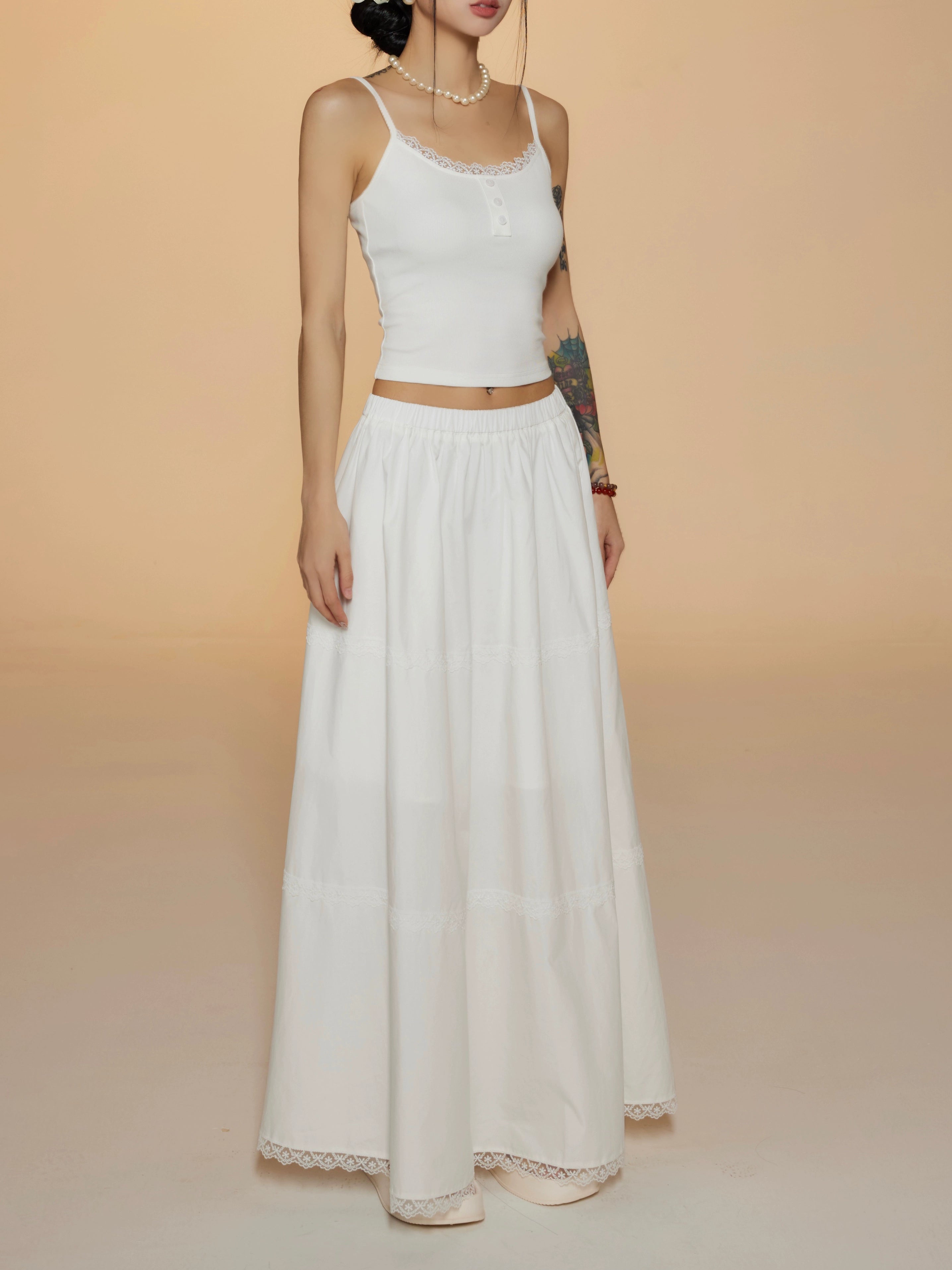 野生zerocircle 辣妹套装裙女春季白色蕾丝吊带背心显瘦a字长裙子