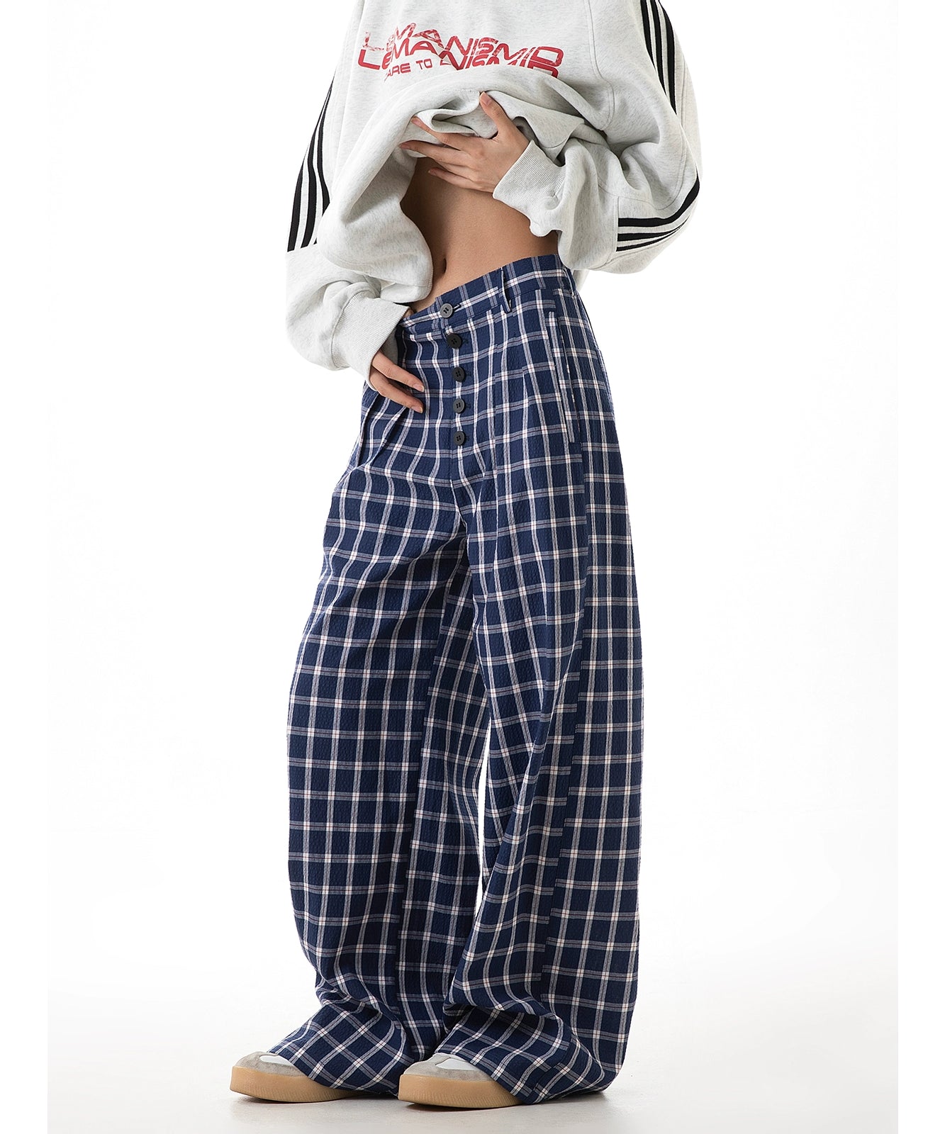 ICH MODE 美式复古格子裤女2025新款秋宽松阔腿裤直筒休闲裤子