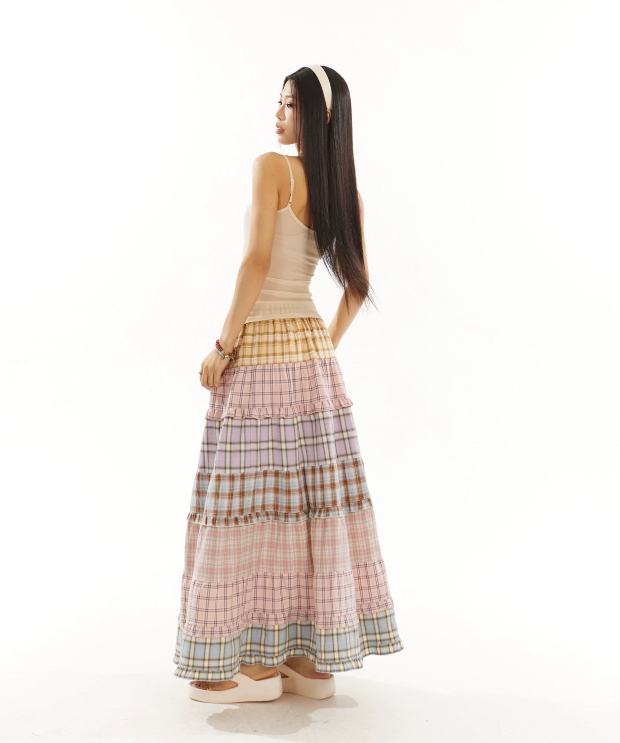 野生zero 彩虹格子长裙女秋季宽松显瘦设计感小众拼接a字海边裙子