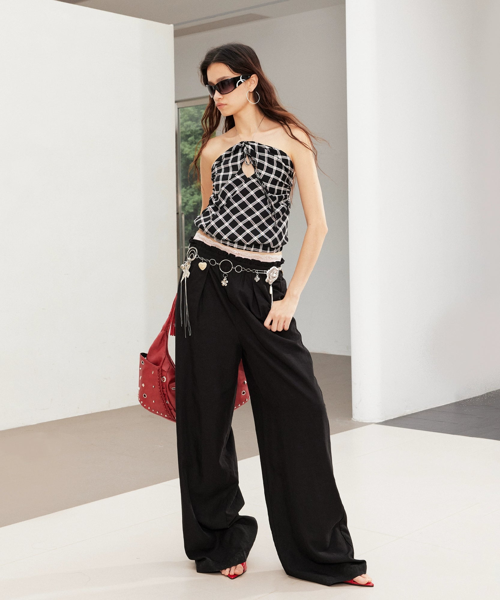 2th Desire复古松弛垂坠撞色腰头蕾丝花边拼接宽松直筒亚麻休闲裤