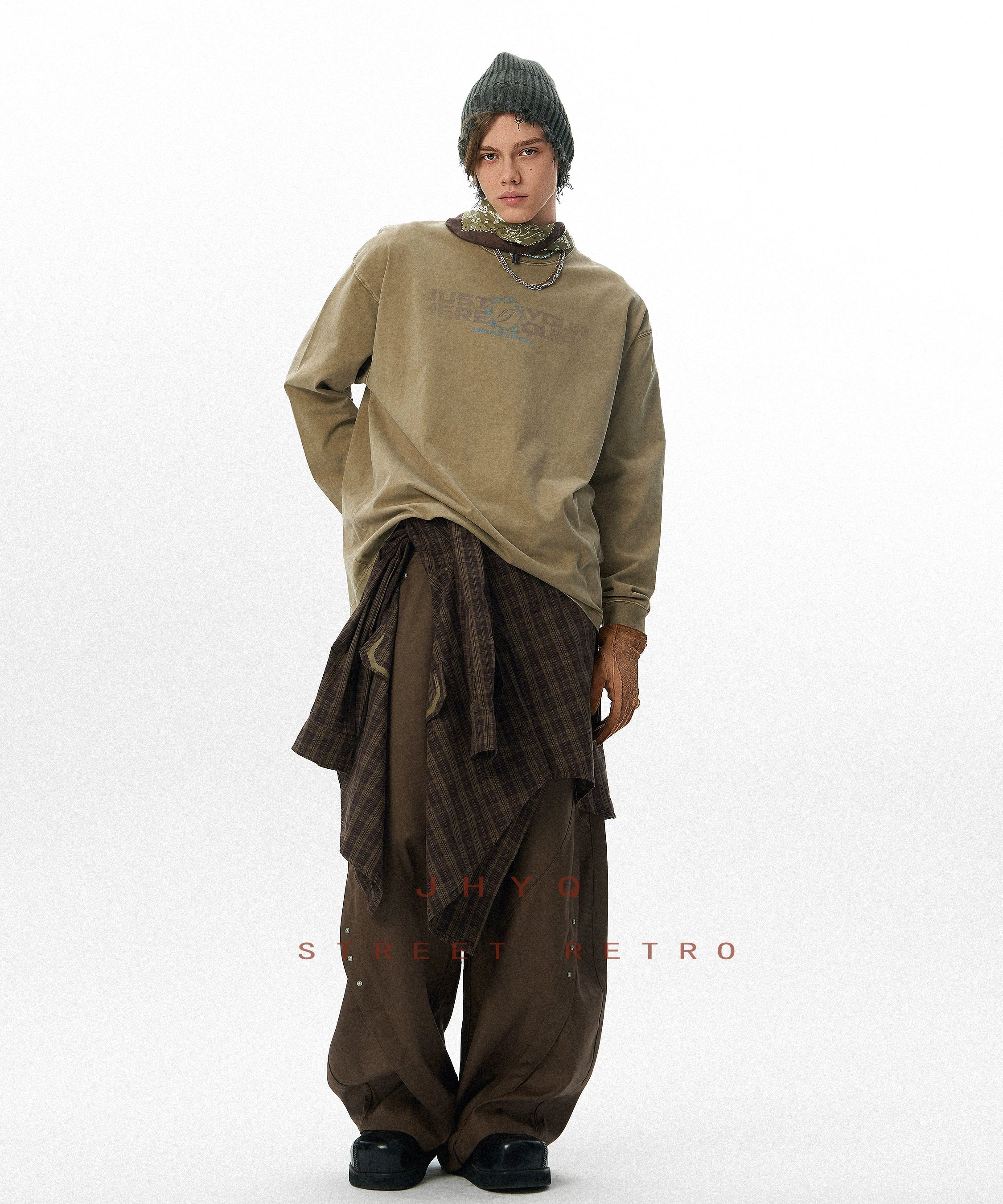 水洗系列丨JHYQ美式字母荆棘印花320gT恤男重磅圆领复古做旧卫衣