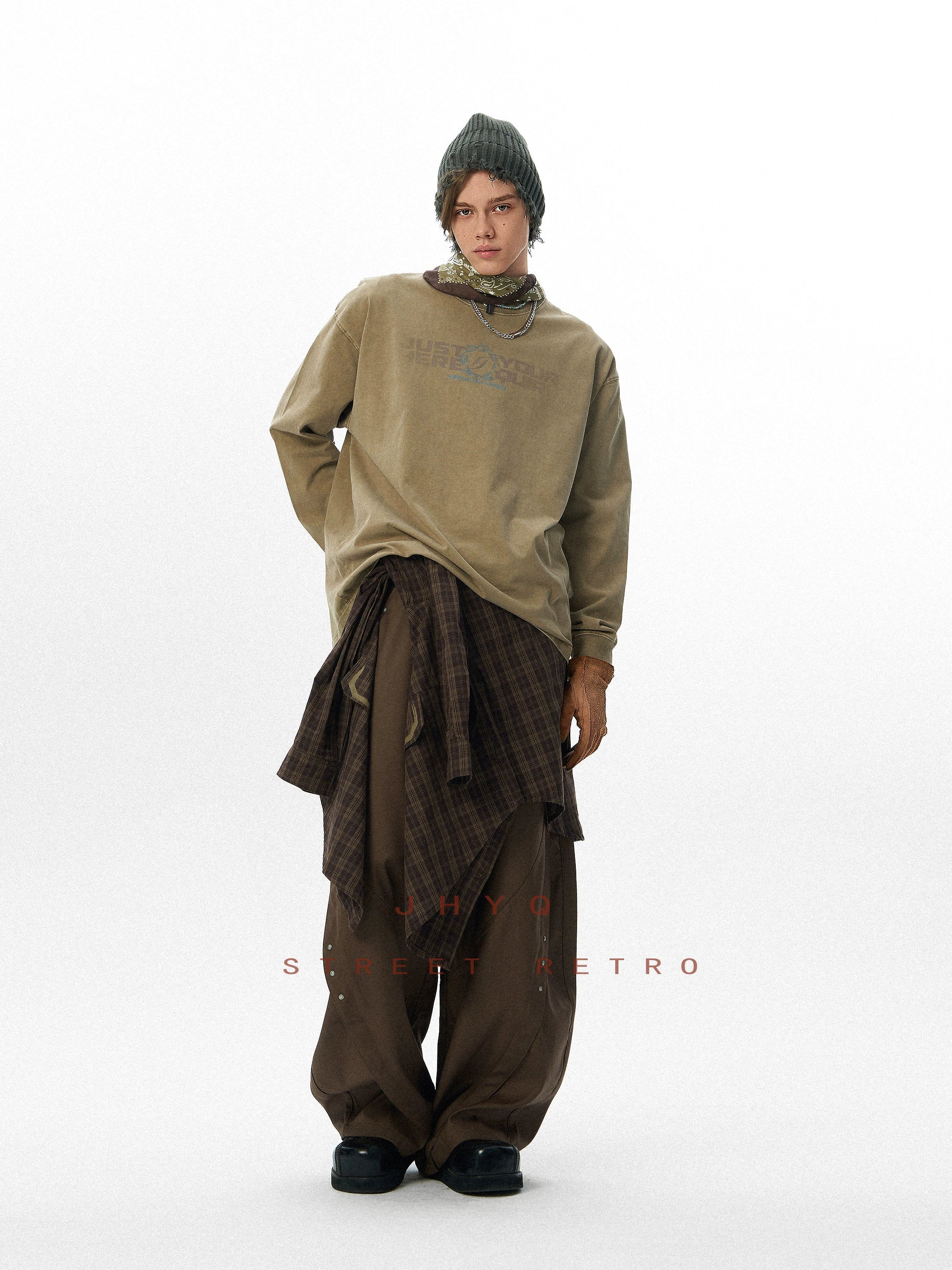 水洗系列丨JHYQ美式字母荆棘印花320gT恤男重磅圆领复古做旧卫衣