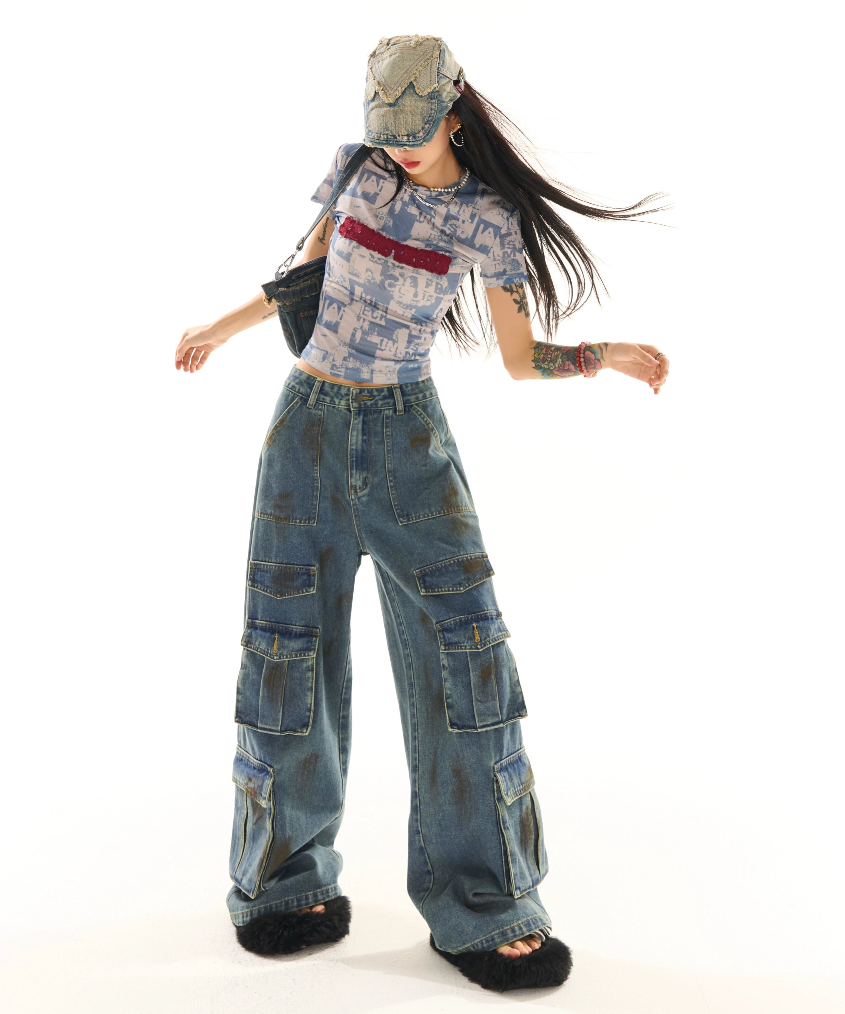 野生zerocircle复古蓝做旧工装牛仔裤女春宽松直筒阔腿设计感裤子