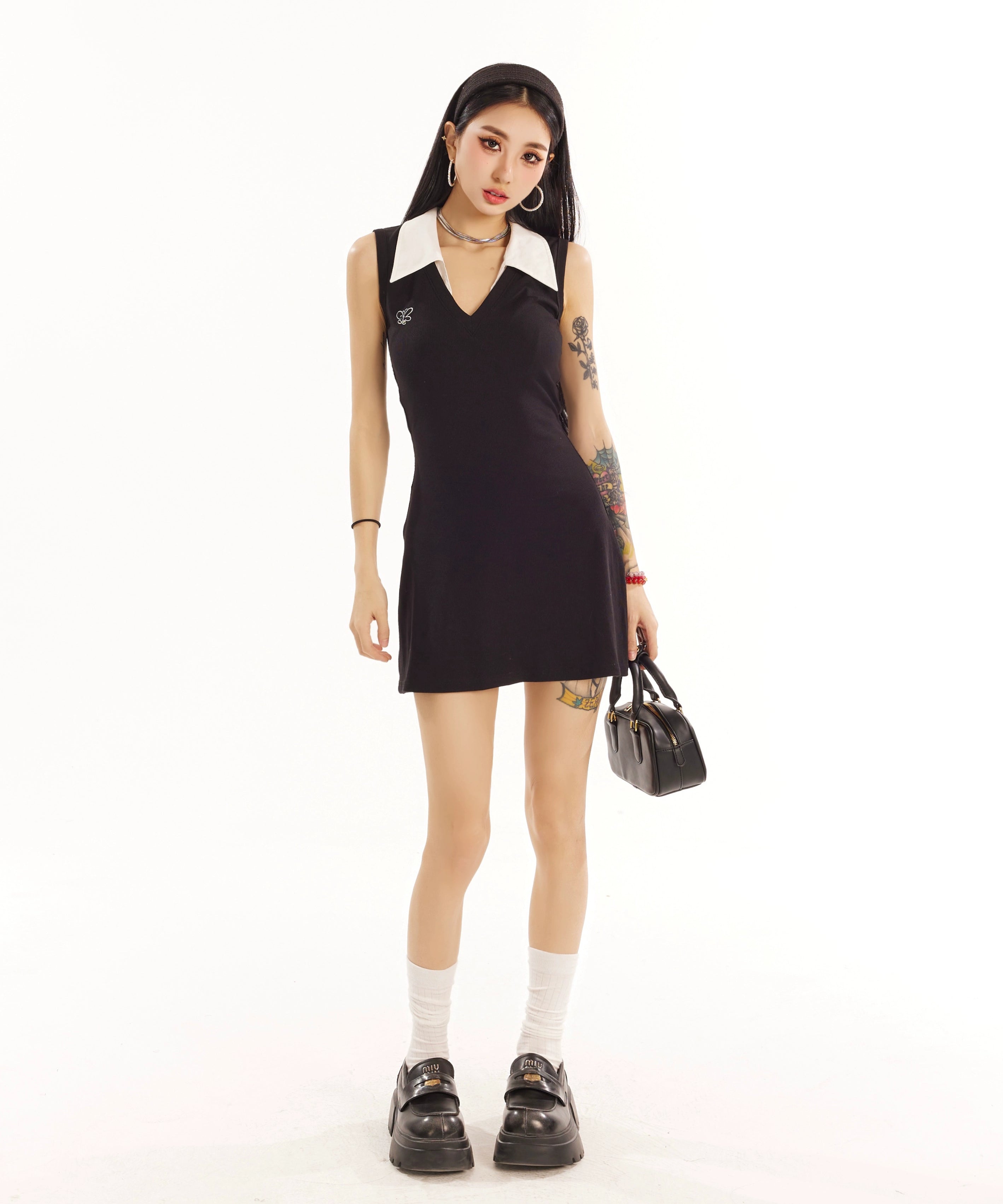 野生zero黑灰色无袖假两件连衣裙女春夏季小众辣妹修身显瘦短裙子