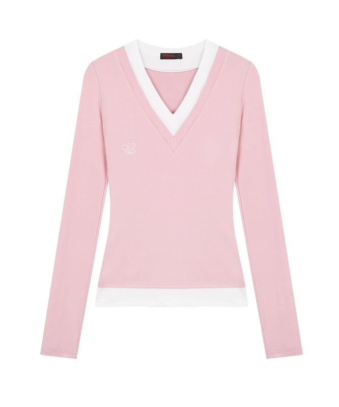 野生zerocircle 粉蓝灰色假两件针织衫女春秋韩系修身显瘦v领上衣