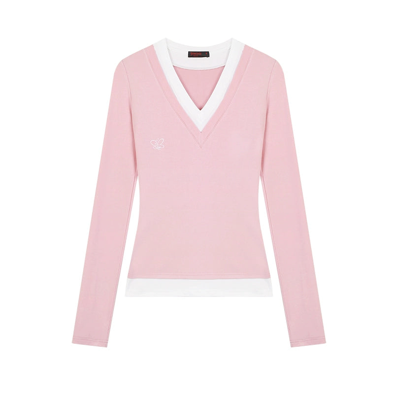 野生zerocircle 粉蓝灰色假两件针织衫女春秋韩系修身显瘦v领上衣