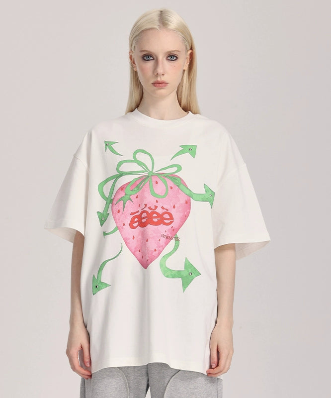 eeeeArtmonster “朋克草莓”手绘草莓短袖镶铆钉小众圆领T恤夏季