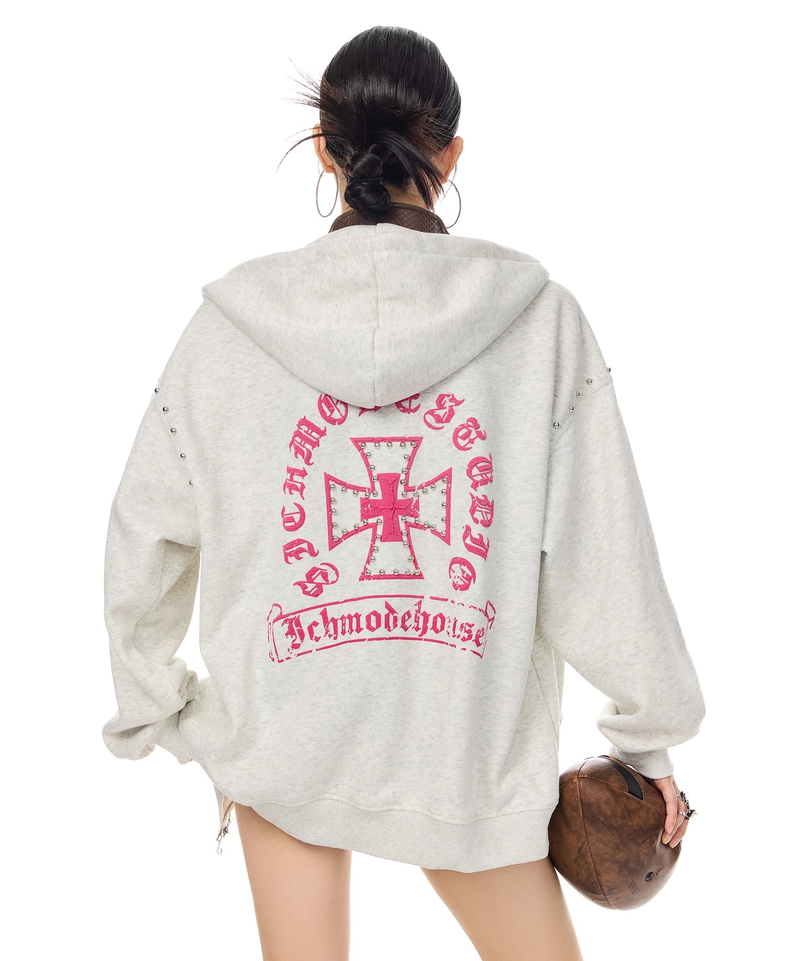 ICH MODE 美式哥特风复古钢珠加绒外套女秋冬季连帽上衣开衫卫衣