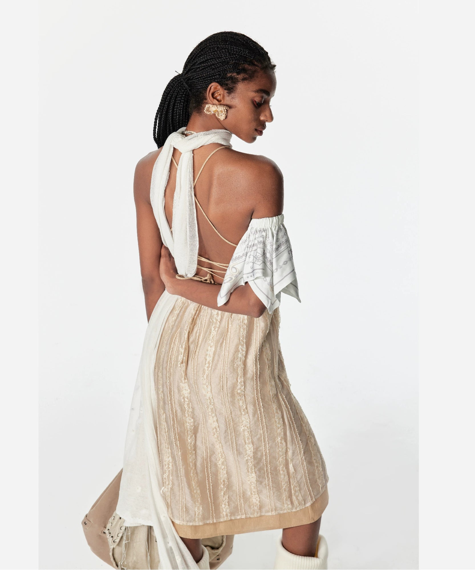 2th Desire假两件双层银丝花边绑带无袖露背度假风吊带裙连衣裙女