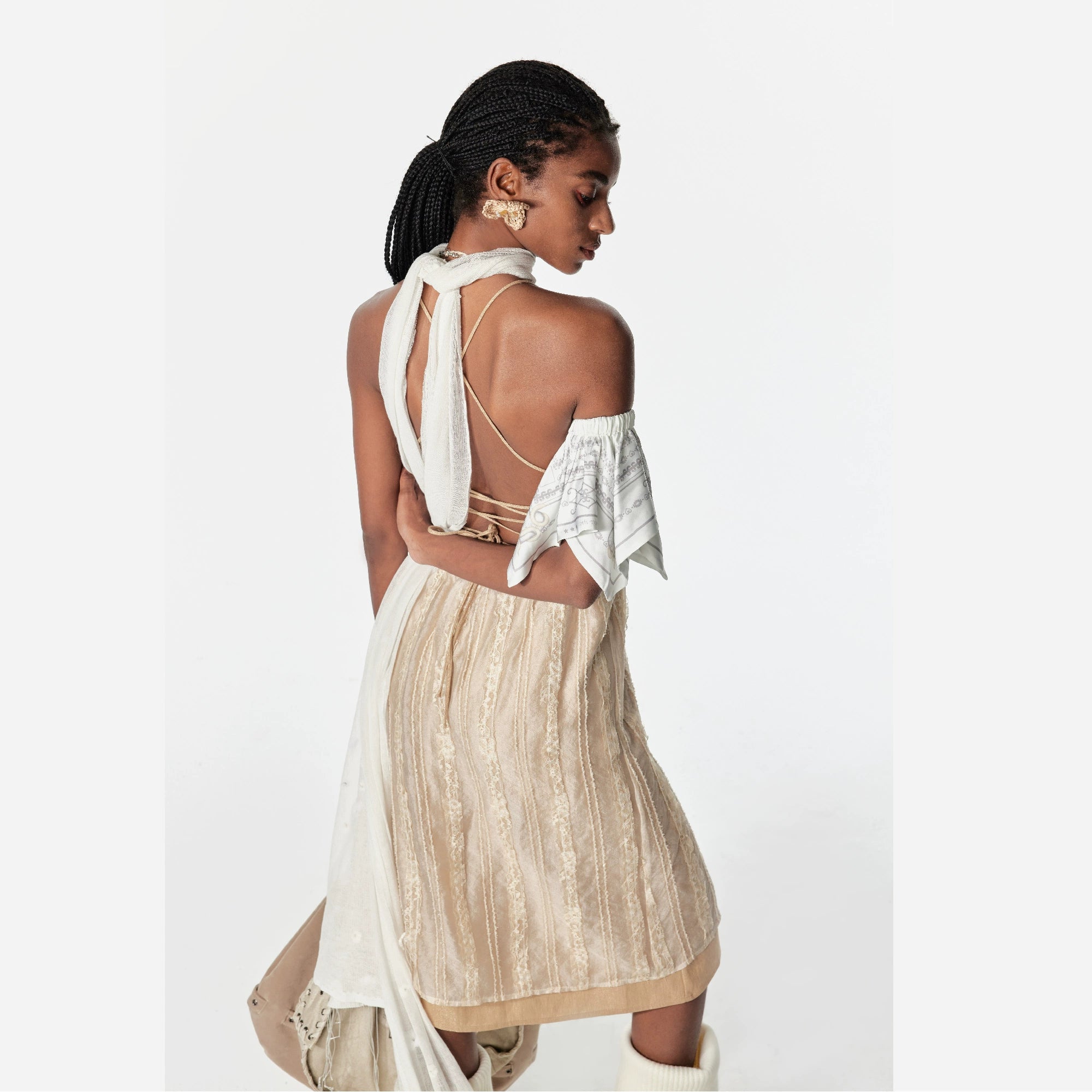 2th Desire假两件双层银丝花边绑带无袖露背度假风吊带裙连衣裙女