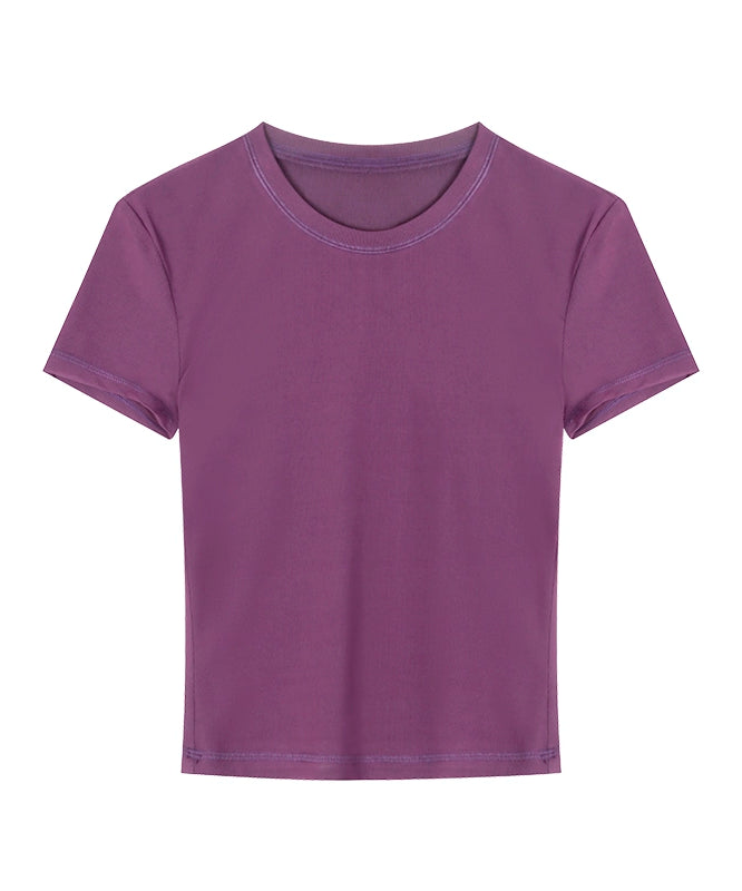 野生zerocircle 紫粉灰色正肩t恤女夏多巴胺辣妹修身显瘦短款上衣