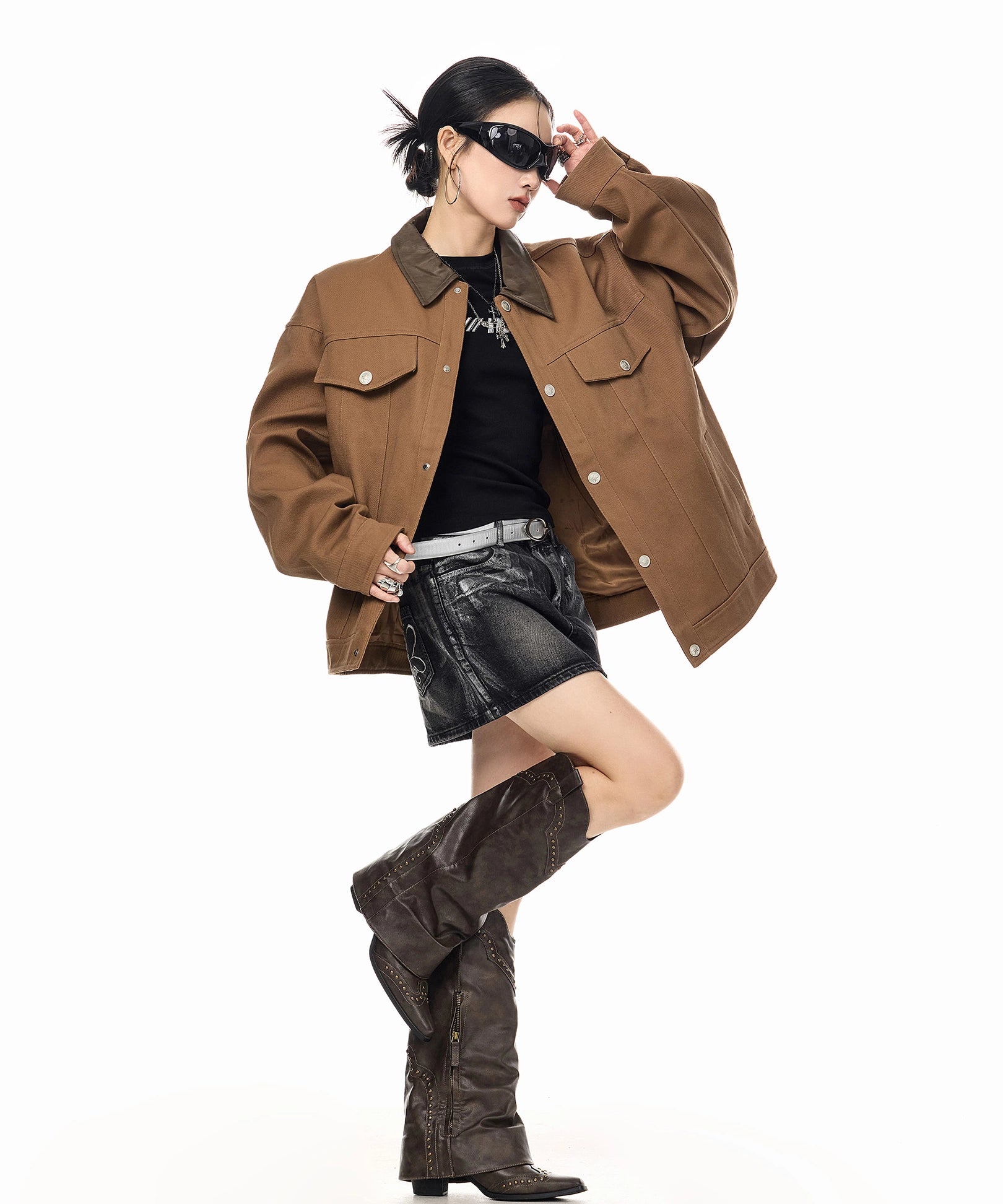 ICH MODE 美式复古撞色翻领外套女2025新款秋冬季巴恩风夹克上衣