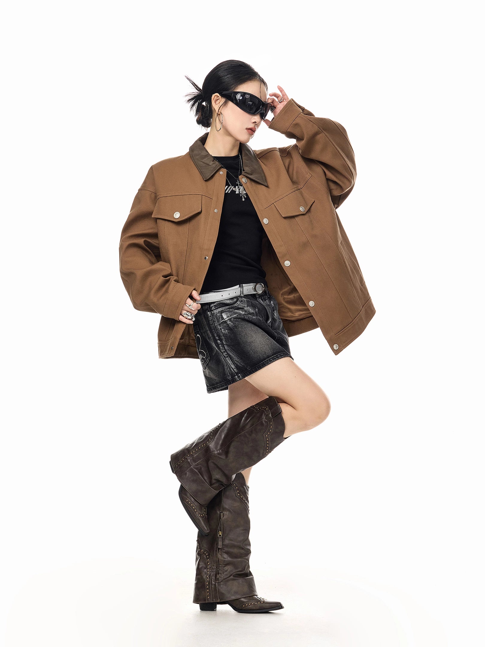 ICH MODE 美式复古撞色翻领外套女2025新款秋冬季巴恩风夹克上衣