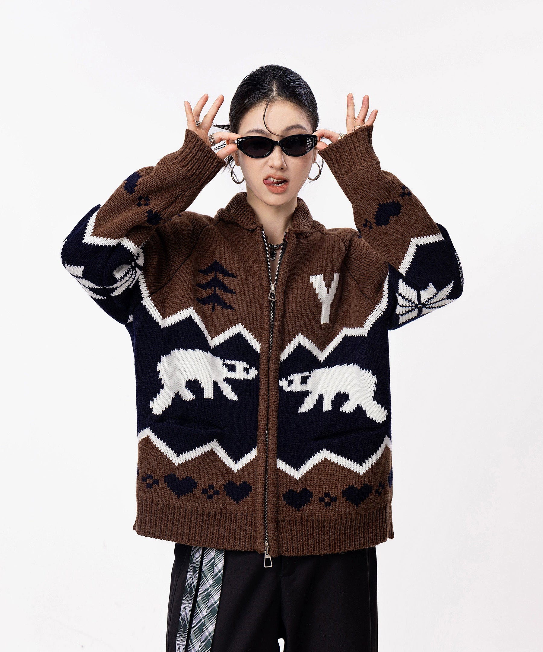 ICH MODE 美式复古提花针织开衫女秋冬宽松外搭休闲慵懒毛衣外套