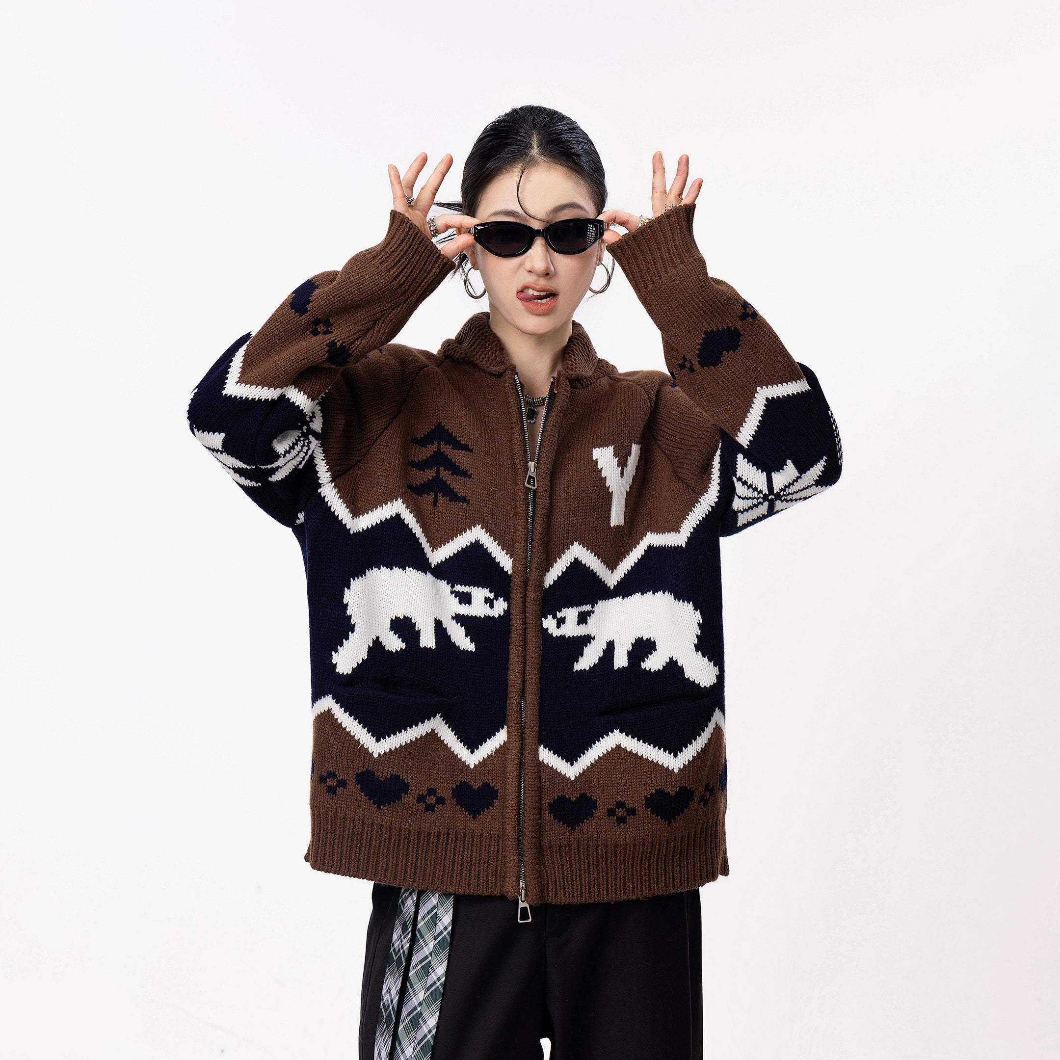 ICH MODE 美式复古提花针织开衫女秋冬宽松外搭休闲慵懒毛衣外套