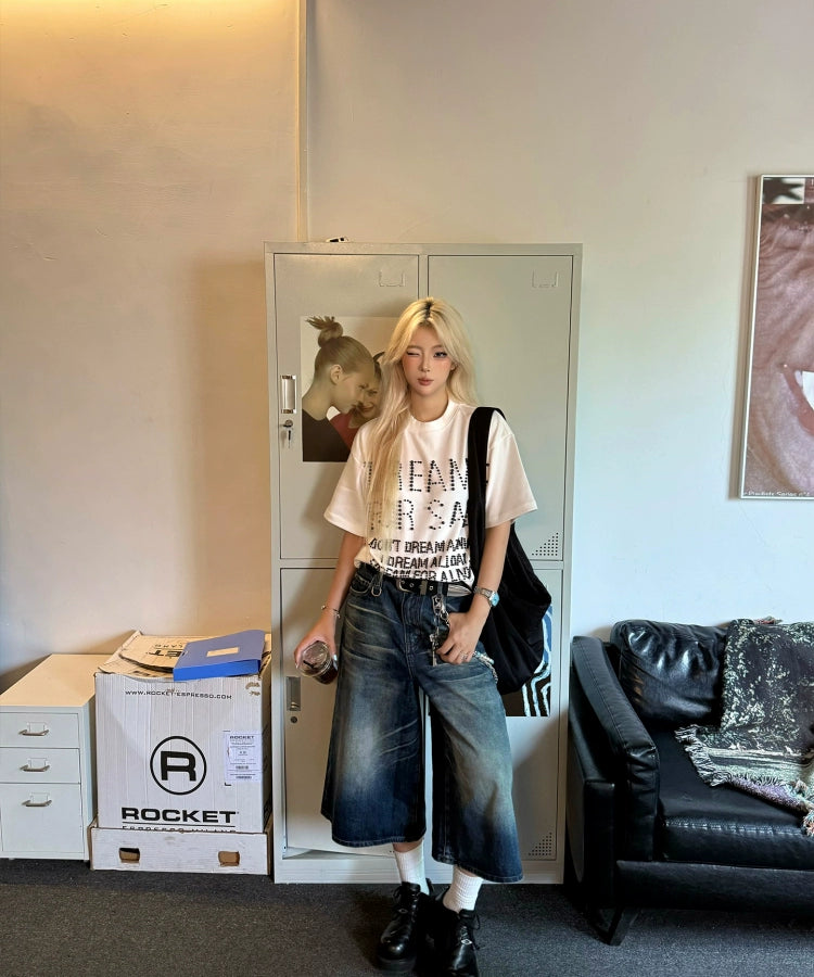 邓为明星同款宽松廓形水洗复古做旧七分牛仔短裤TERRAINCOGNITA