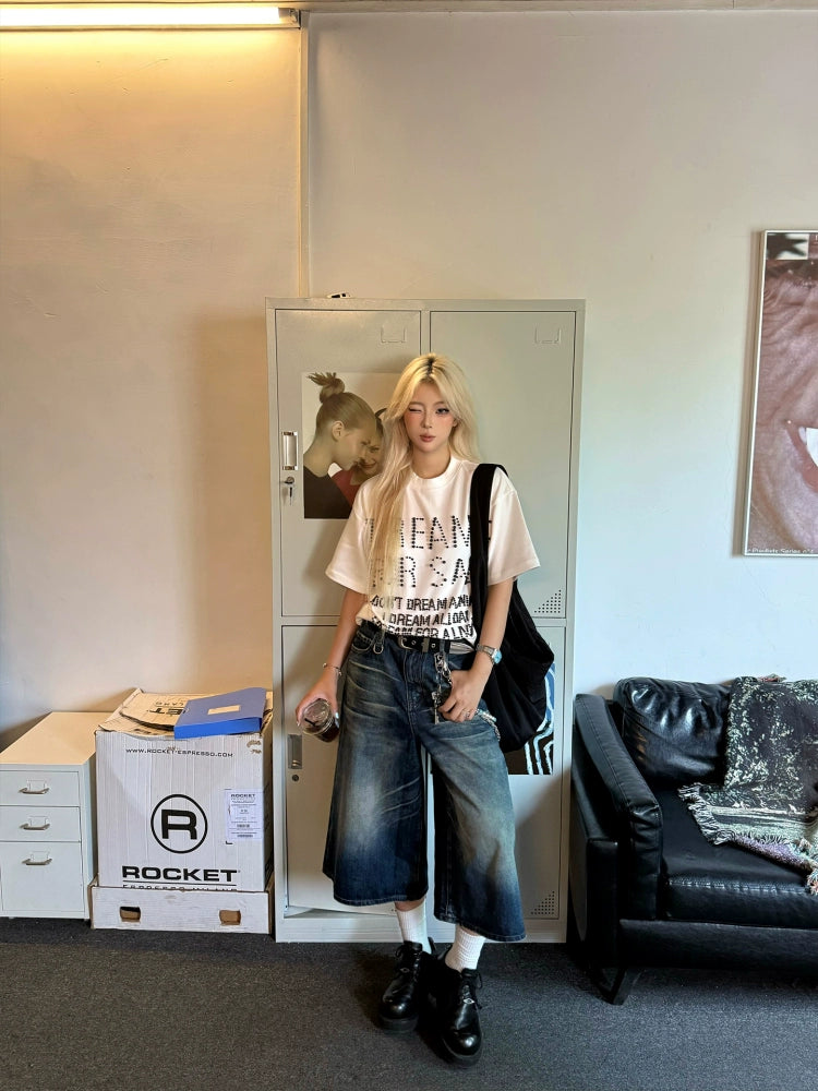 邓为明星同款宽松廓形水洗复古做旧七分牛仔短裤TERRAINCOGNITA