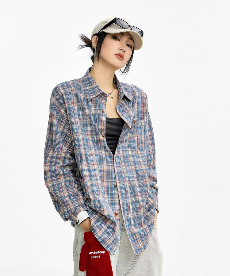 ICH MODE 美式复古格子长袖衬衫女夏季新款百搭休闲衬衣外套上衣