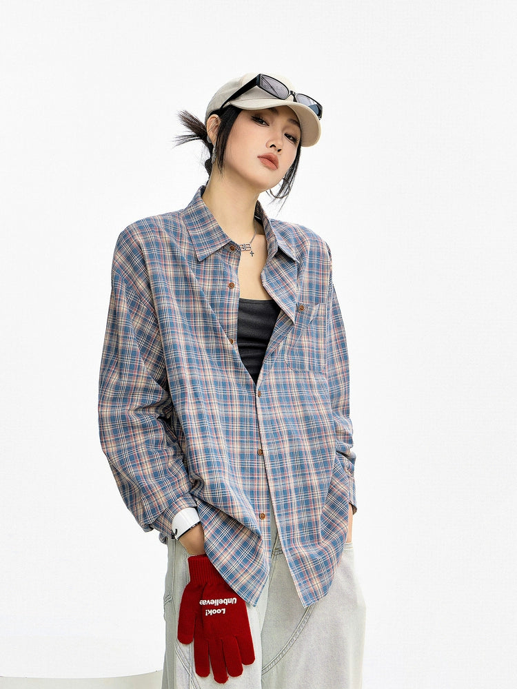 ICH MODE 美式复古格子长袖衬衫女夏季新款百搭休闲衬衣外套上衣