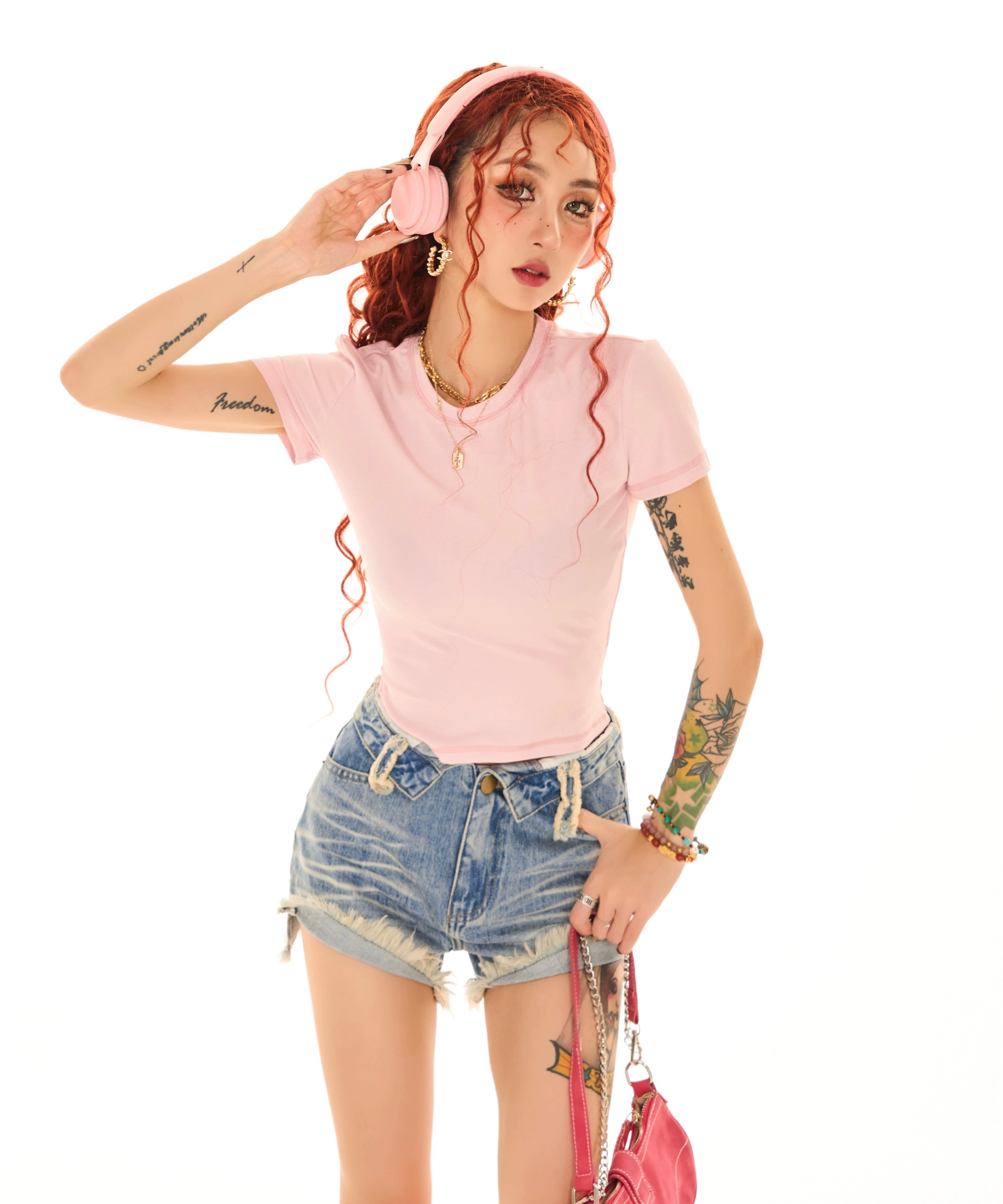 野生zerocircle 紫粉灰色正肩t恤女夏多巴胺辣妹修身显瘦短款上衣