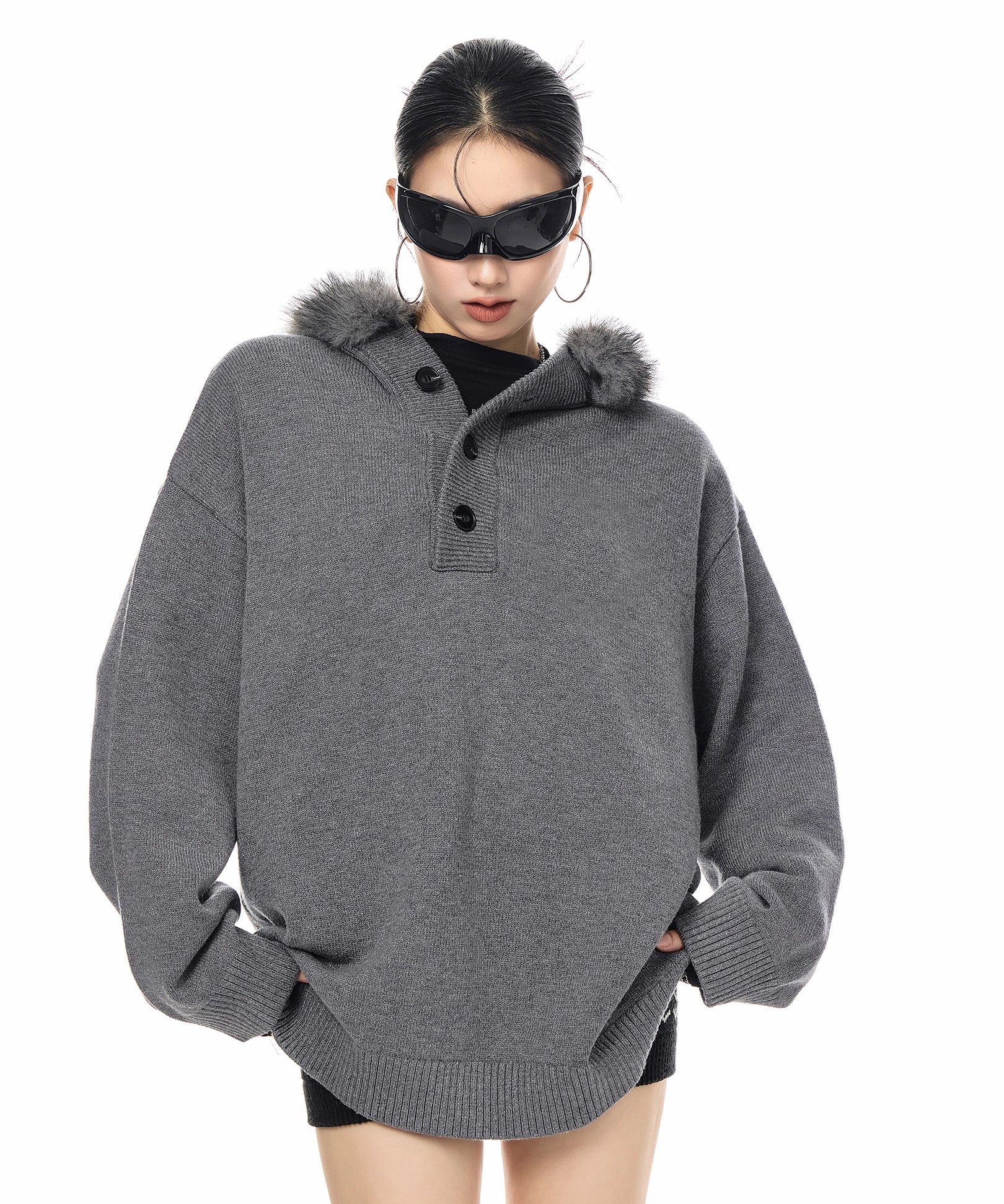 ICH MODE 美式复古毛领毛衣女秋冬季慵懒宽松连帽针织衫宽松外套