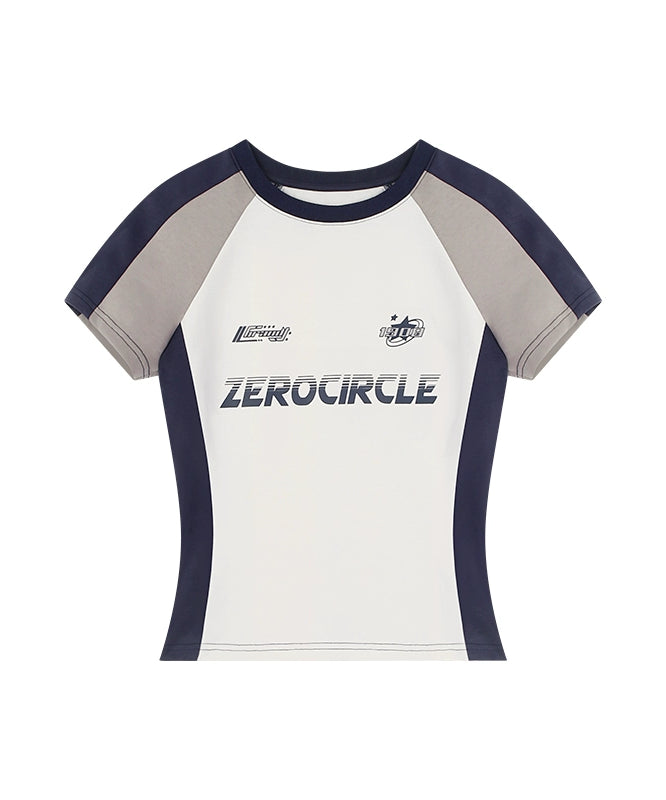 野生zero 撞色插肩短袖t恤女夏设计感小众甜辣妹修身显瘦印花上衣