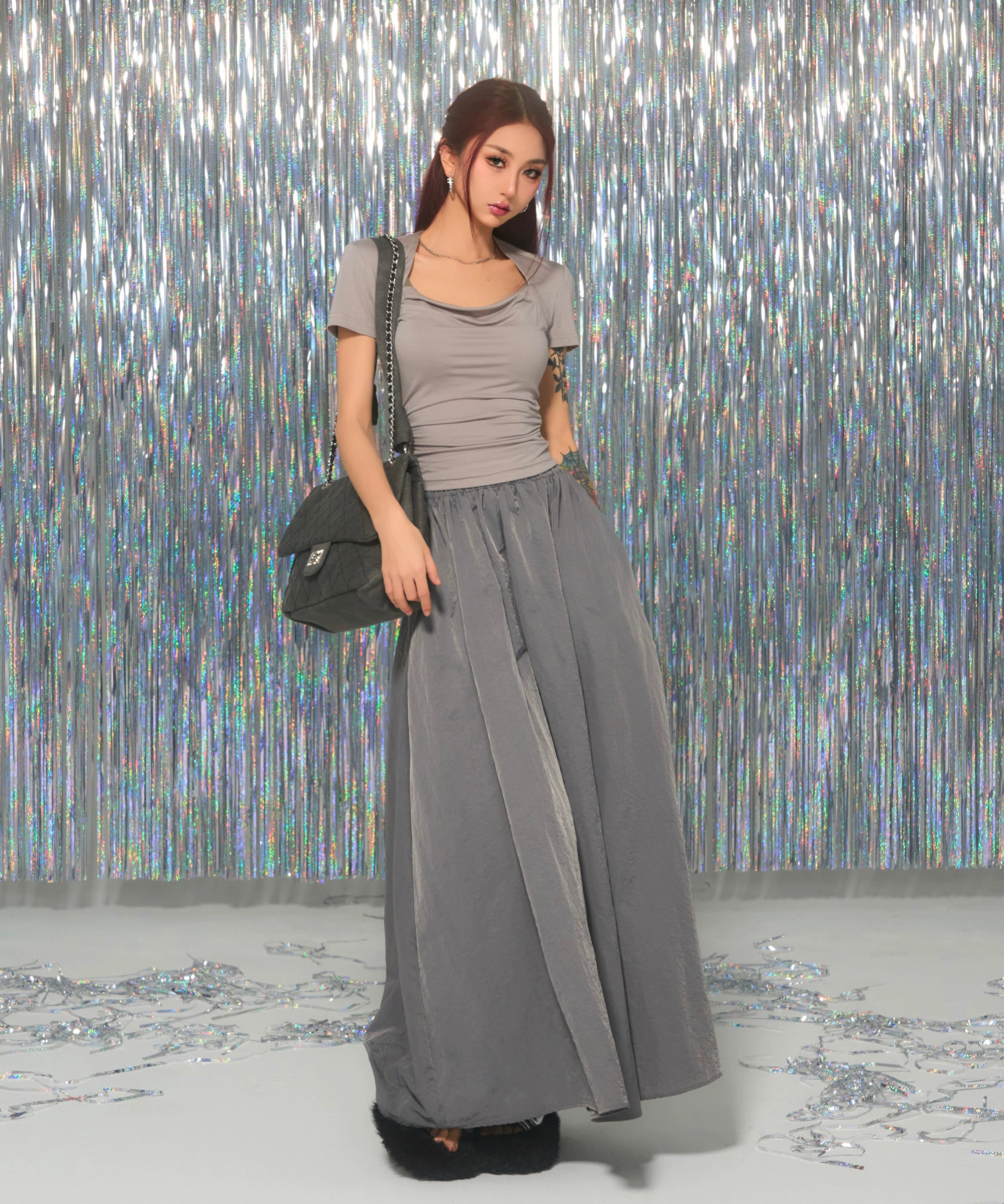 野生zerocircle 黑灰色方领正肩短袖t恤女夏辣妹修身显瘦短款上衣