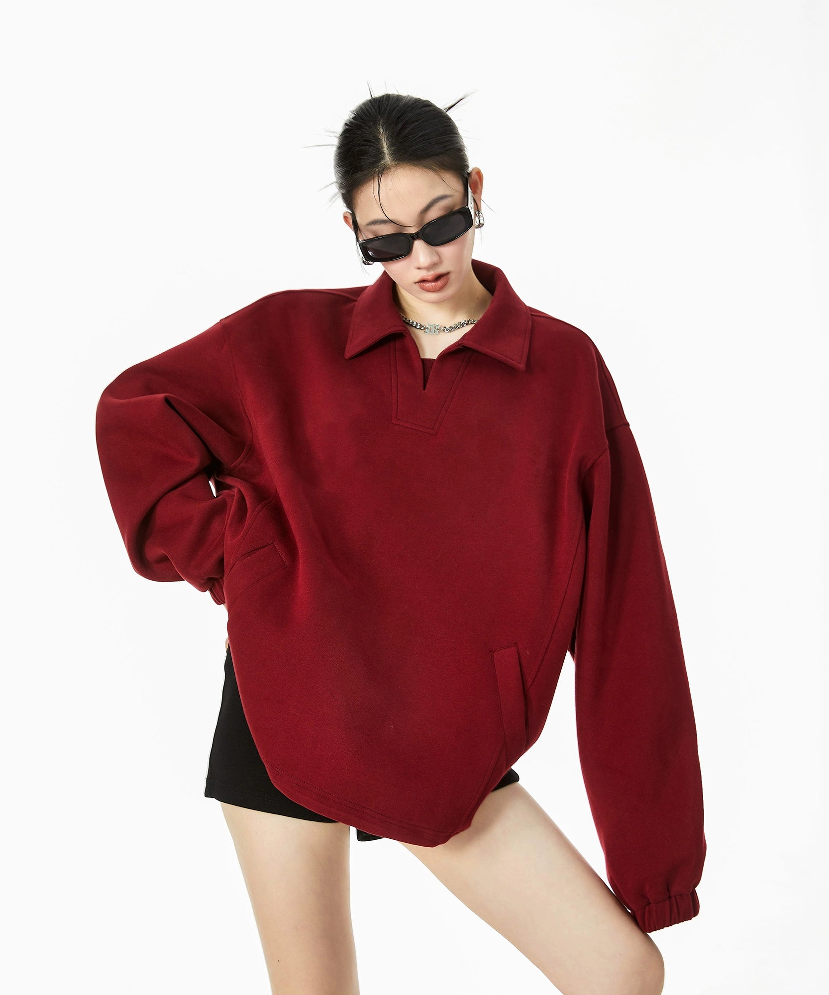 ICH MODE 美式POLO领纯色卫衣2025年秋冬新款慵懒风宽松上衣女款